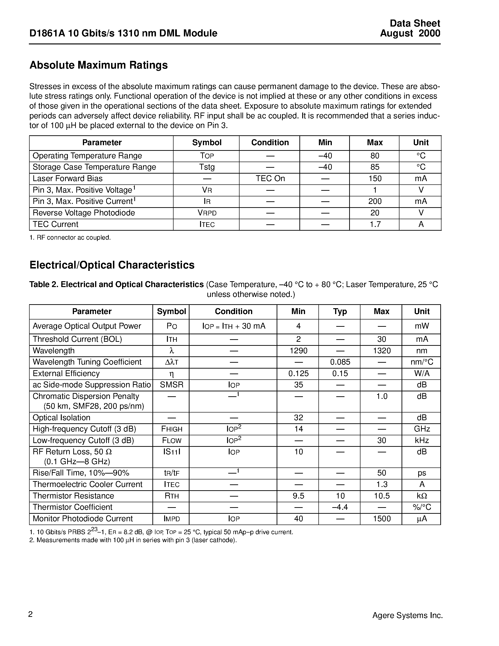 Datasheet D1861A023 page 2 Datasheet D1861A023 - D1861A 10 Gbits/s 1310 nm DML Module page 2