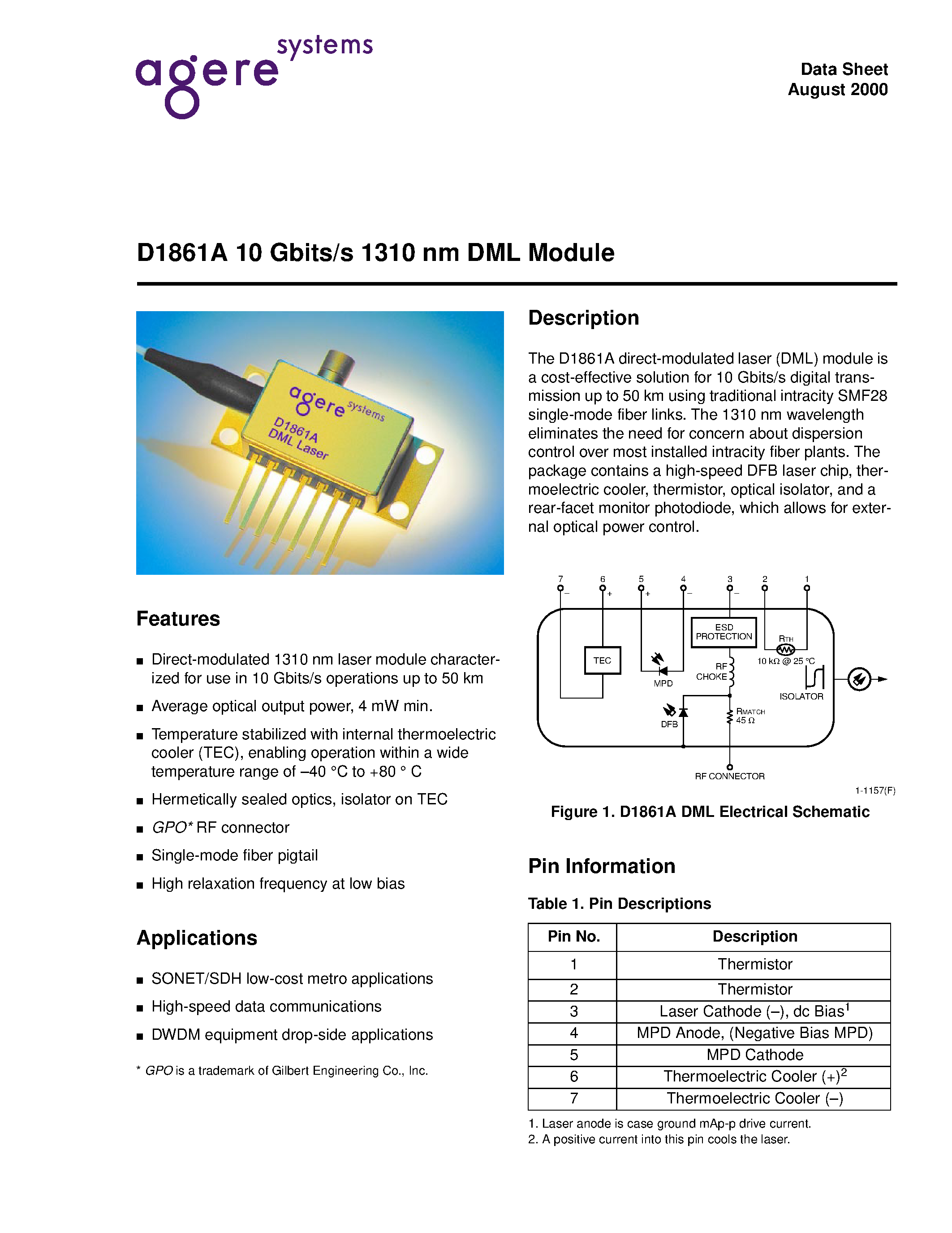 Datasheet D1861B page 1 Datasheet D1861B - D1861B 10 Gbits/s 1310 nm DML Module (-3 dBm) page 1