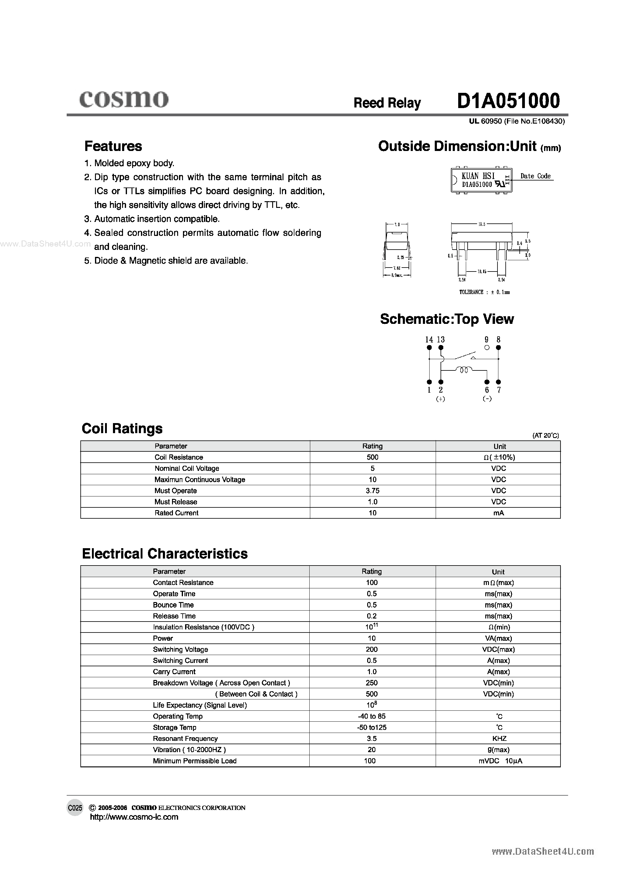 Даташит D1A050000 - REED RELAY страница 1