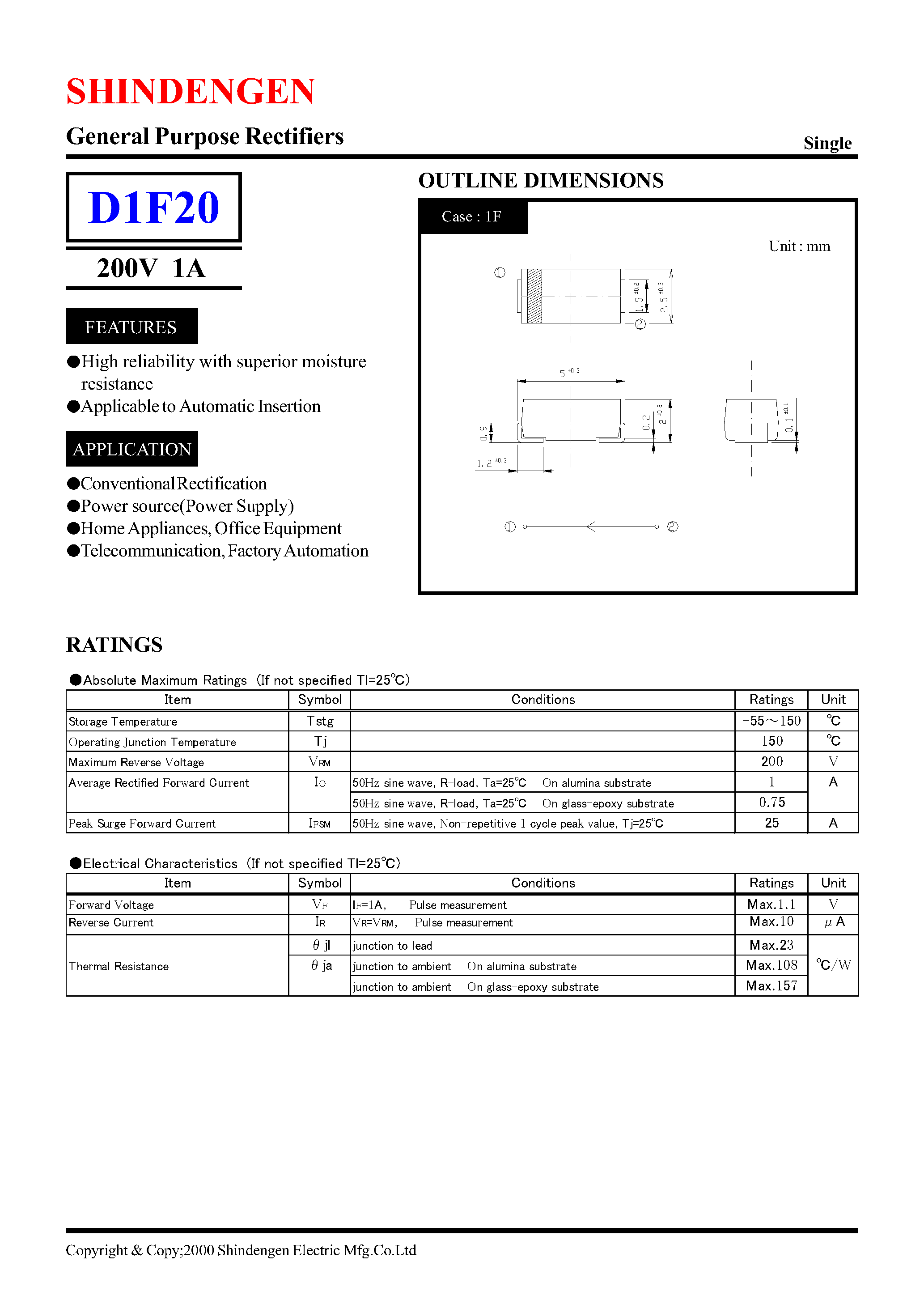 Datasheet D1F20 - General Purpose Rectifiers Single(200V 1A) page 1