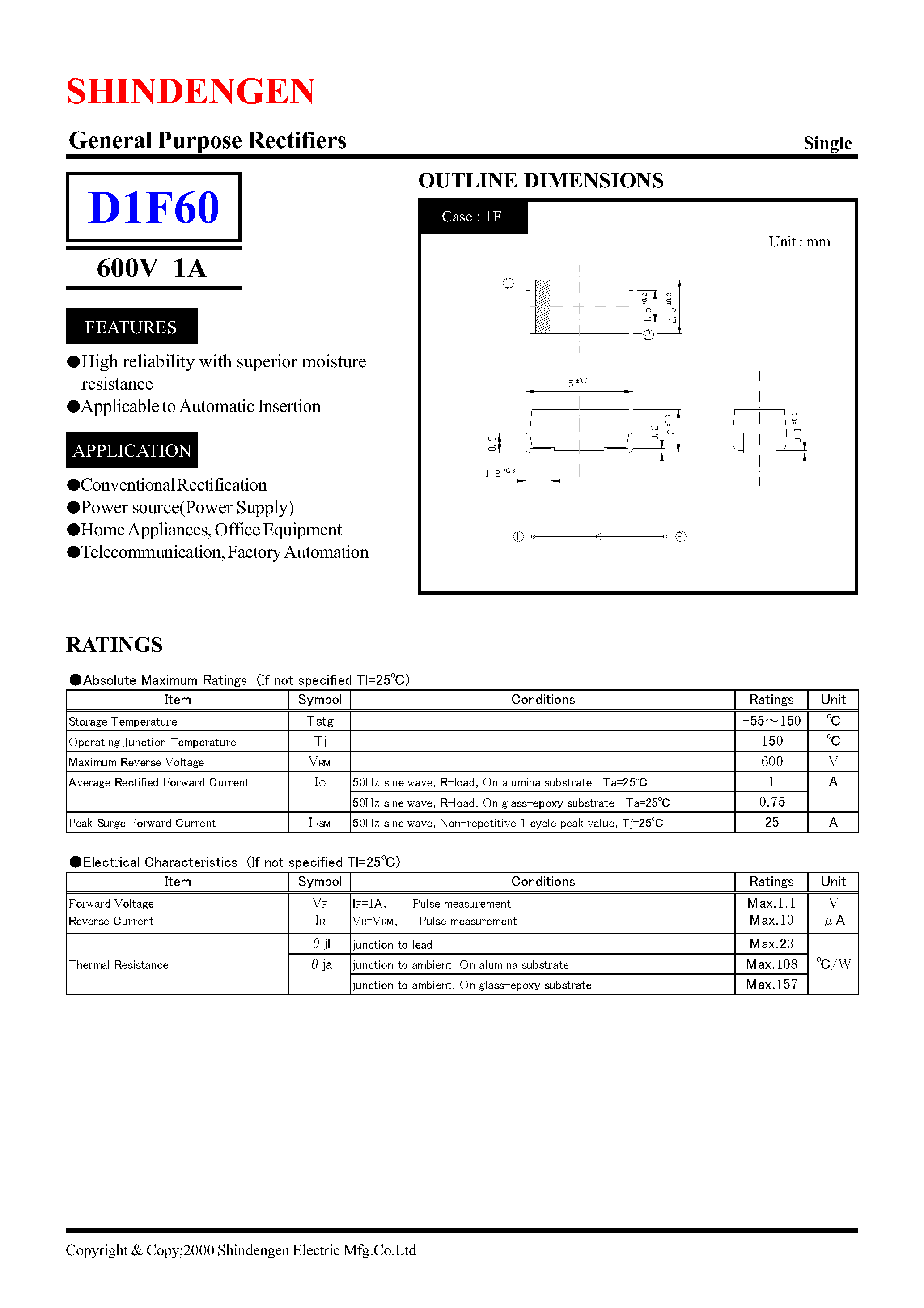 Datasheet D1F60 page 1 Datasheet D1F60 - General Purpose Rectifiers(600V 1A) page 1
