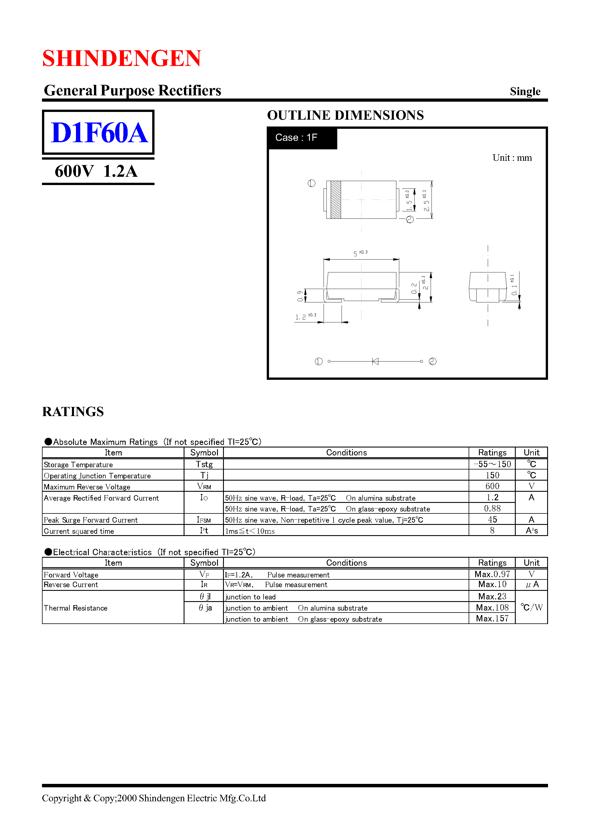 Datasheet D1F60A - General Purpose Rectifiers(600V 1.2A) page 1