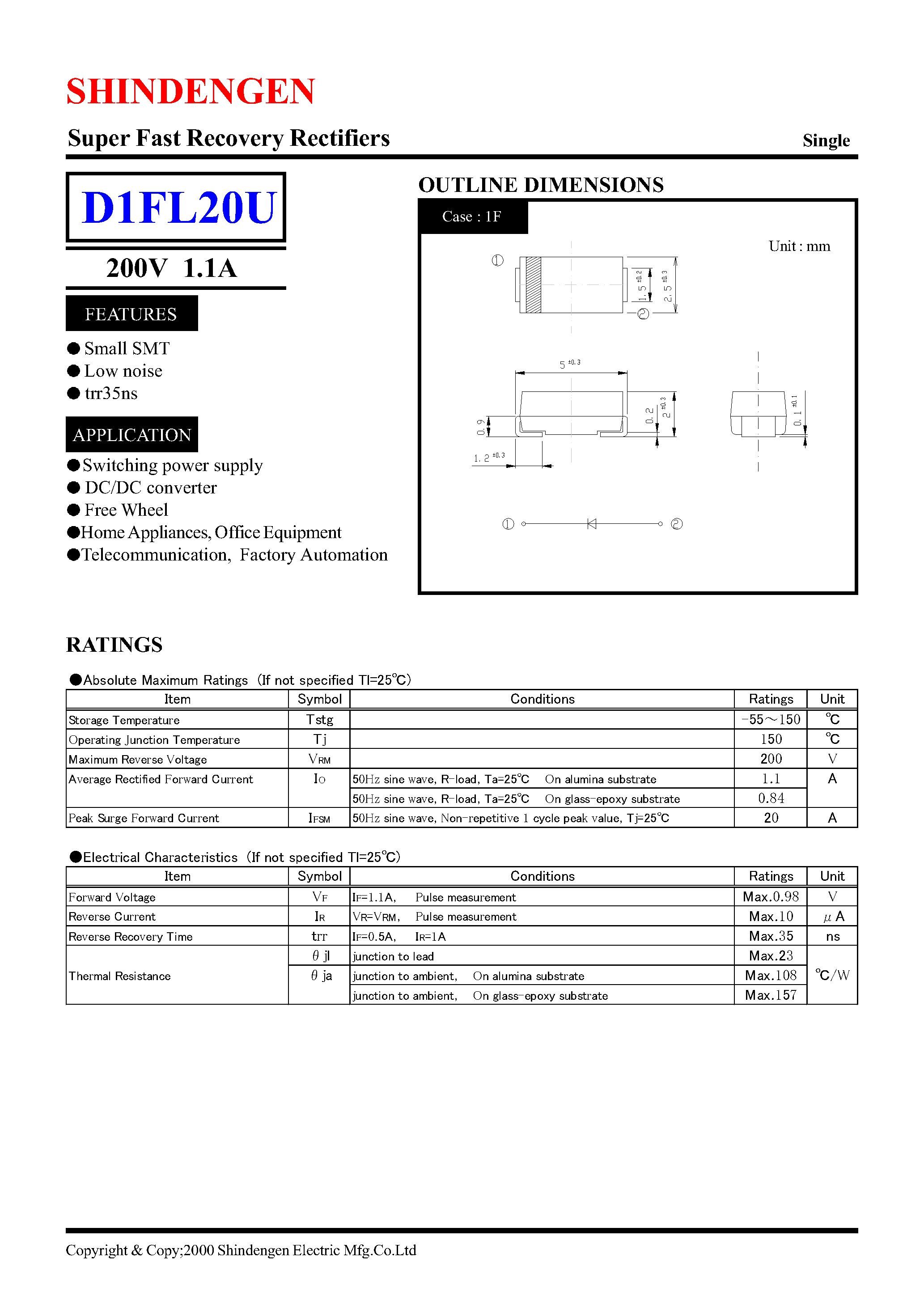 Datasheet D1FL20 - Super Fast Recovery Rectifiers(200V 1.1A) page 1