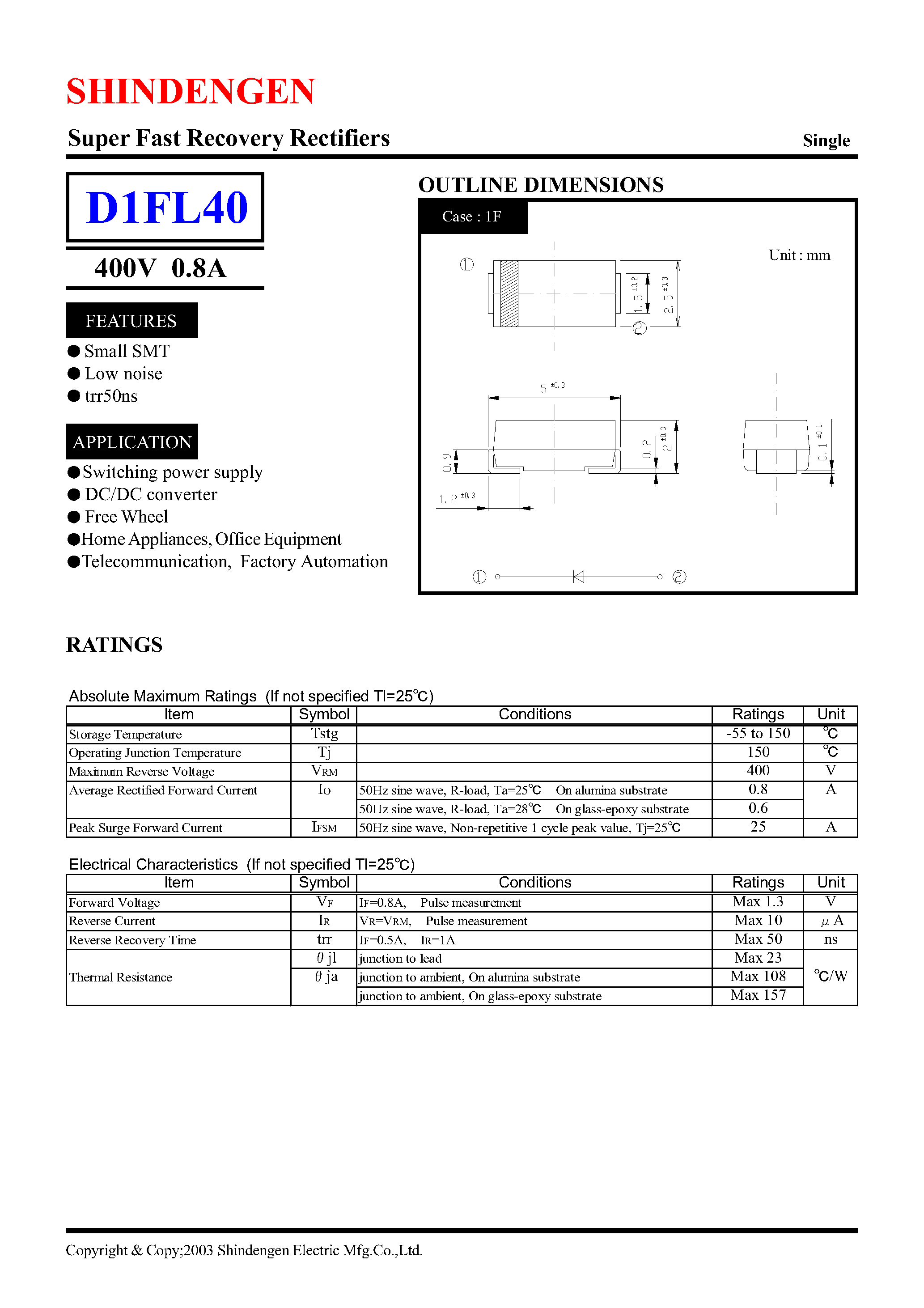 Datasheet D1FL40 page 1 Datasheet D1FL40 - Super Fast Recovery Rectifiers(400V 0.8A) page 1