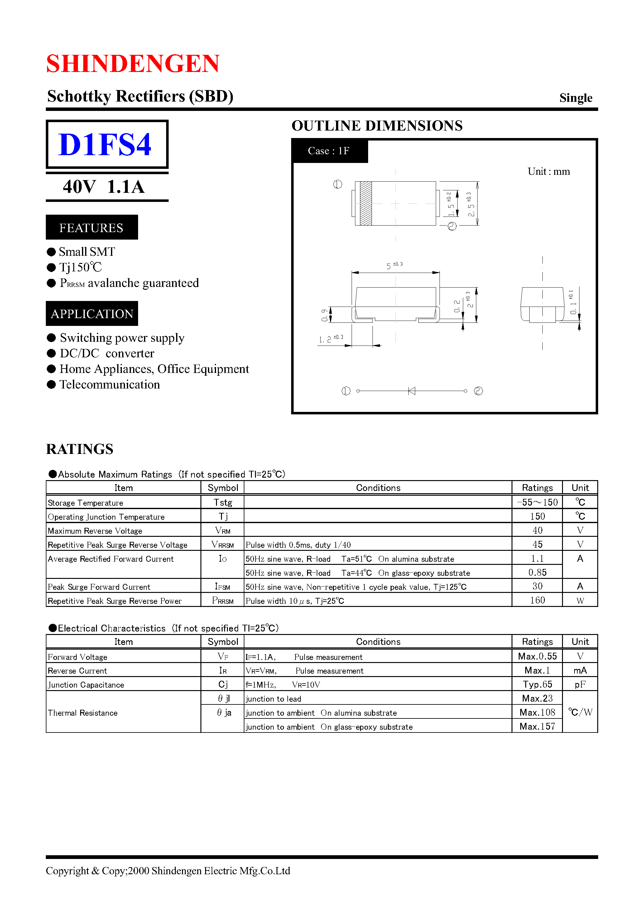 Datasheet D1FS4 - Schottky Rectifiers (SBD) (40V 1.1A) page 1