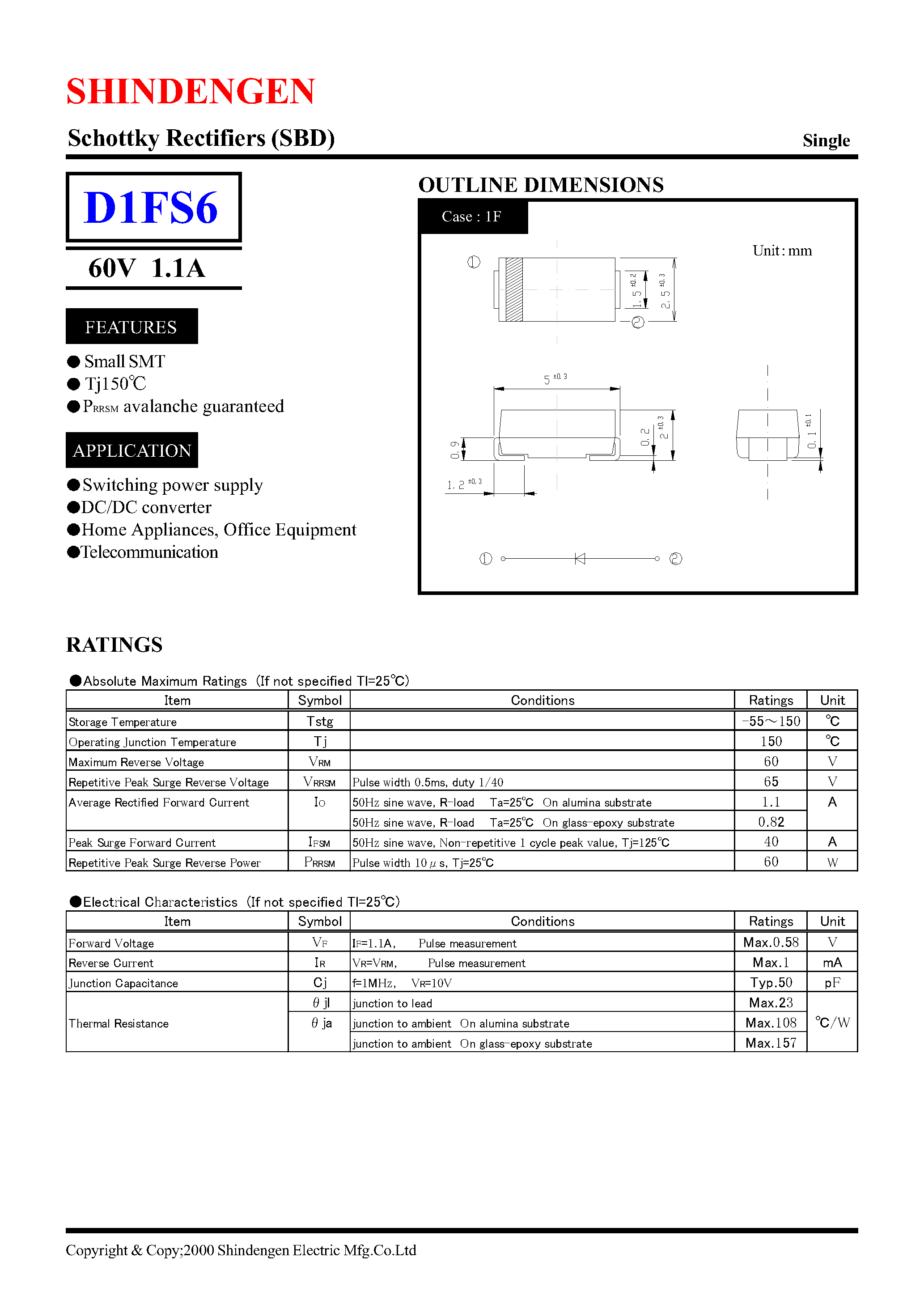 Datasheet D1FS6 - Schottky Rectifiers (SBD) (60V 1.1A) page 1