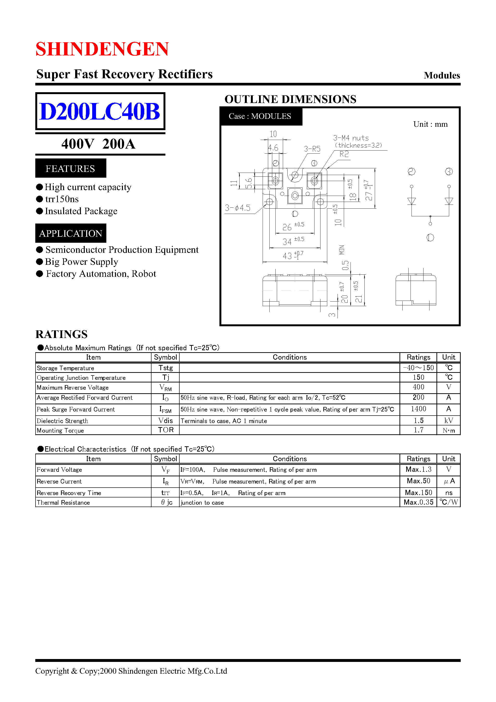 Datasheet D200LC40B page 1 Datasheet D200LC40B - Super Fast Recovery Rectifiers(400V 200A) page 1