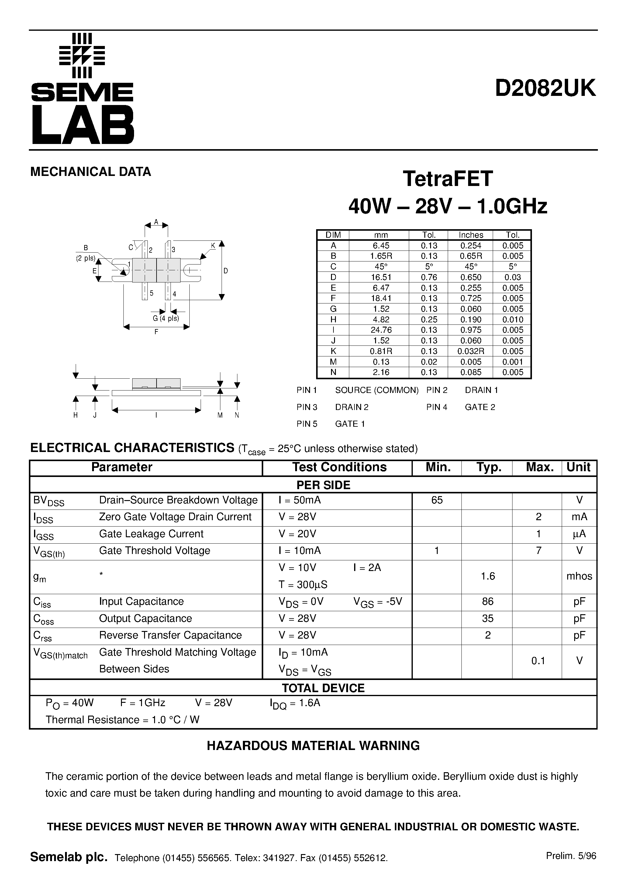 Даташит на микросхему D2082UK страница 1 Даташит D2082UK - TetraFET 40W - 28V - 1.0GHz страница 1