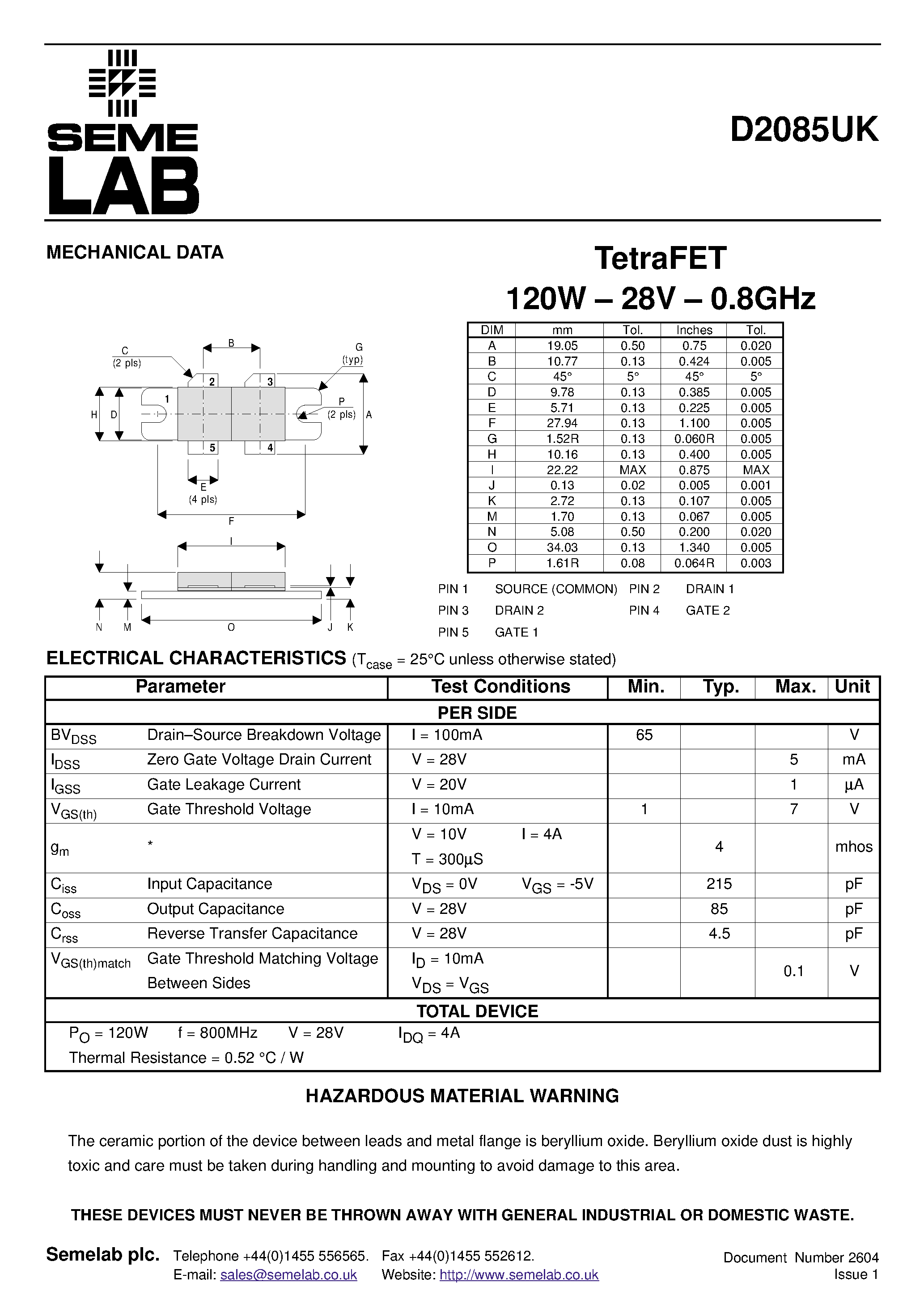 Datasheet D2085UK - TetraFET 120W - 28V - 0.8GHz page 1