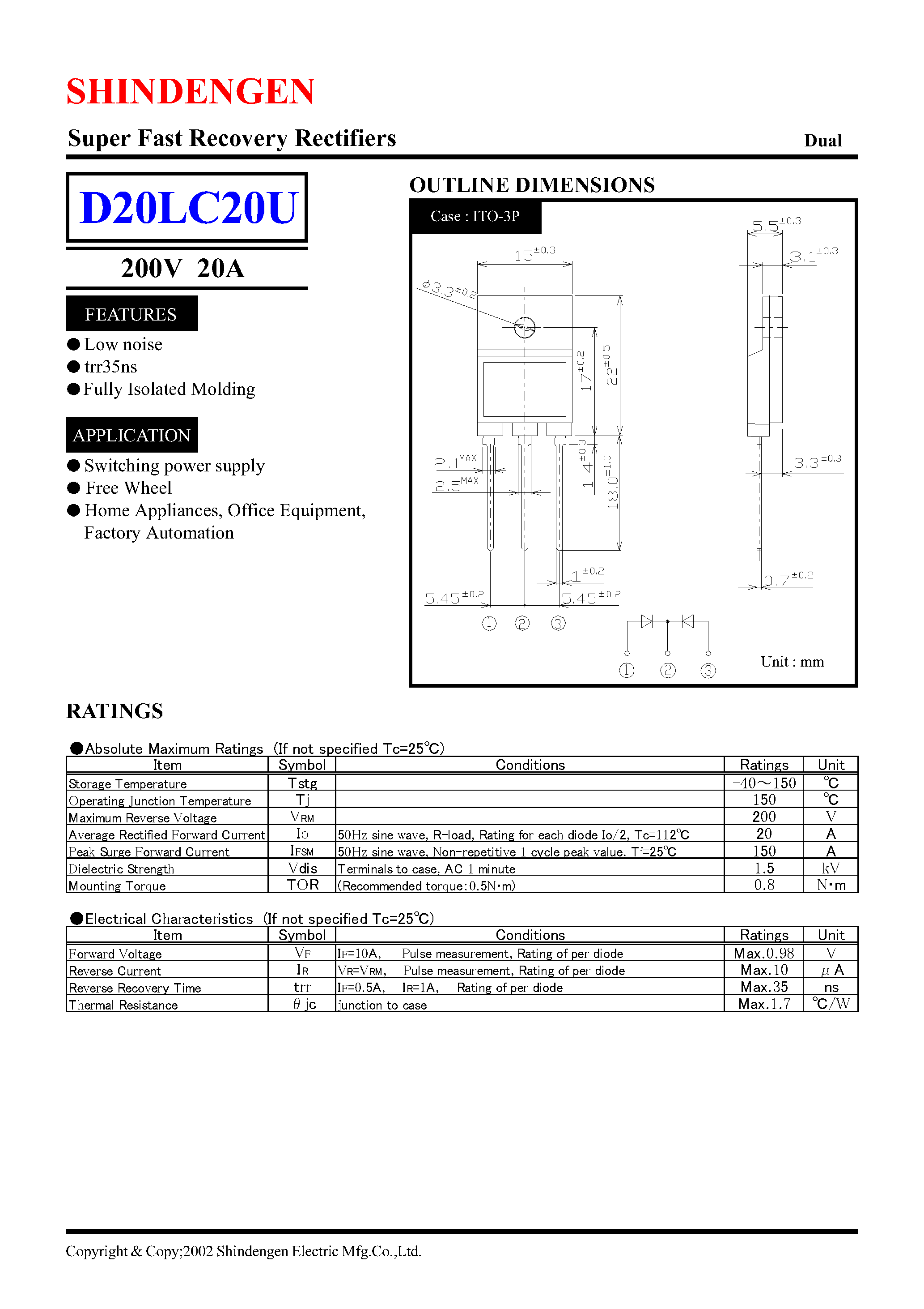 Datasheet D20LC20U page 1 Datasheet D20LC20U - Super Fast Recovery Rectifiers(200V 20A) page 1