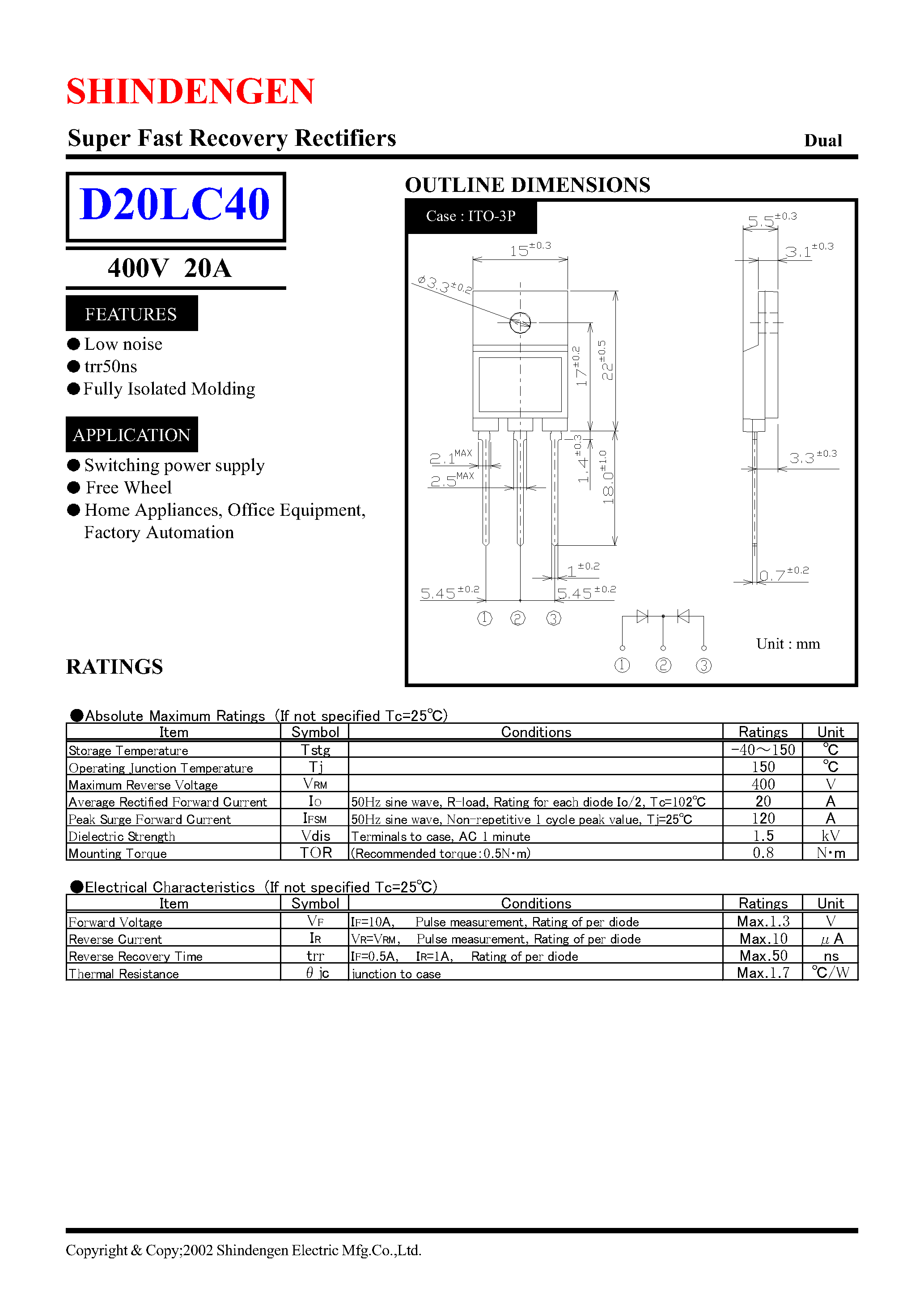Datasheet D20LC40 page 1 Datasheet D20LC40 - Super Fast Recovery Rectifiers(400V 20A) page 1