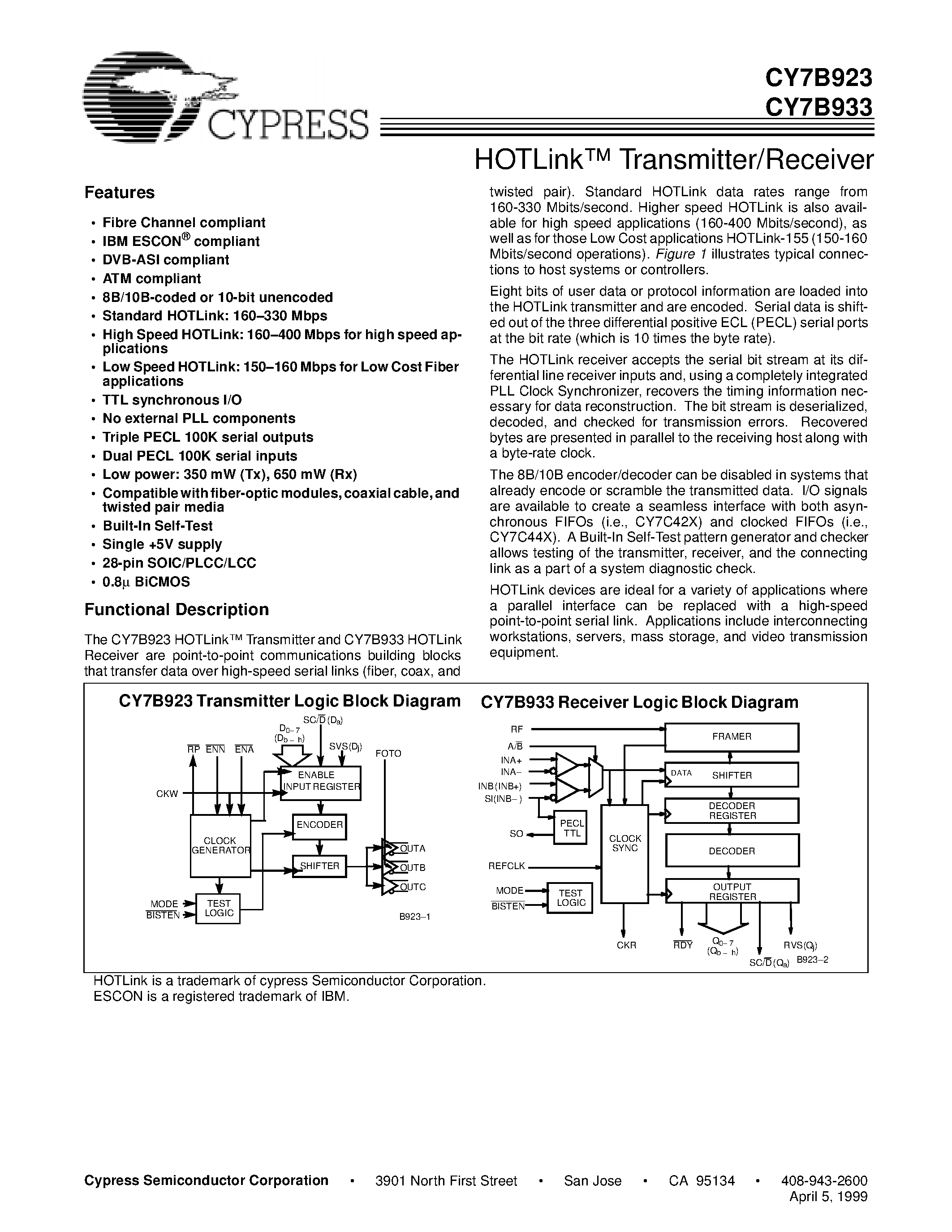Даташит на микросхему CY7B923-LMB страница 1 Даташит CY7B923-LMB - HOTLink Transmitter/Receiver страница 1