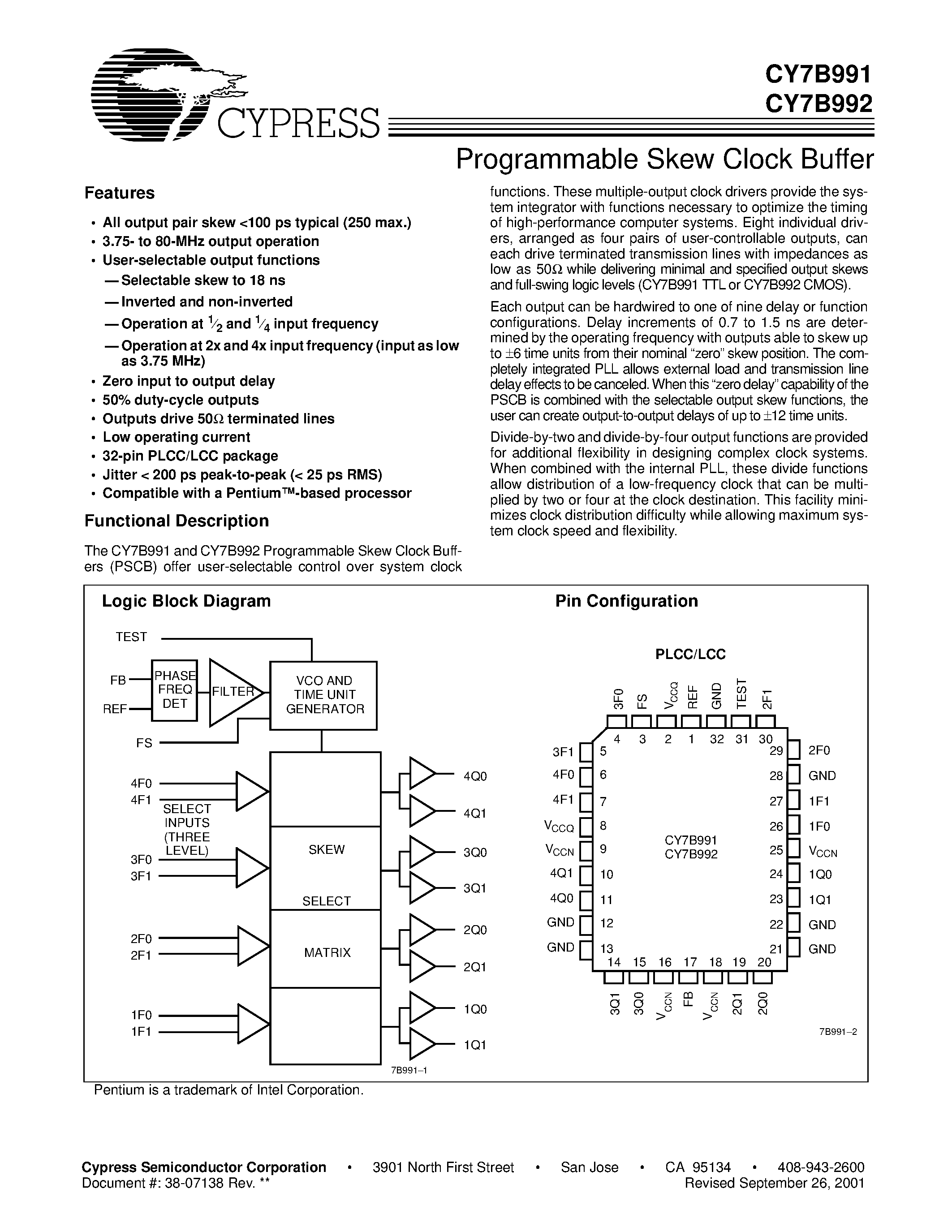Даташит на микросхему CY7B992-7 страница 1 Даташит CY7B992-7 - Programmable Skew Clock Buffer страница 1