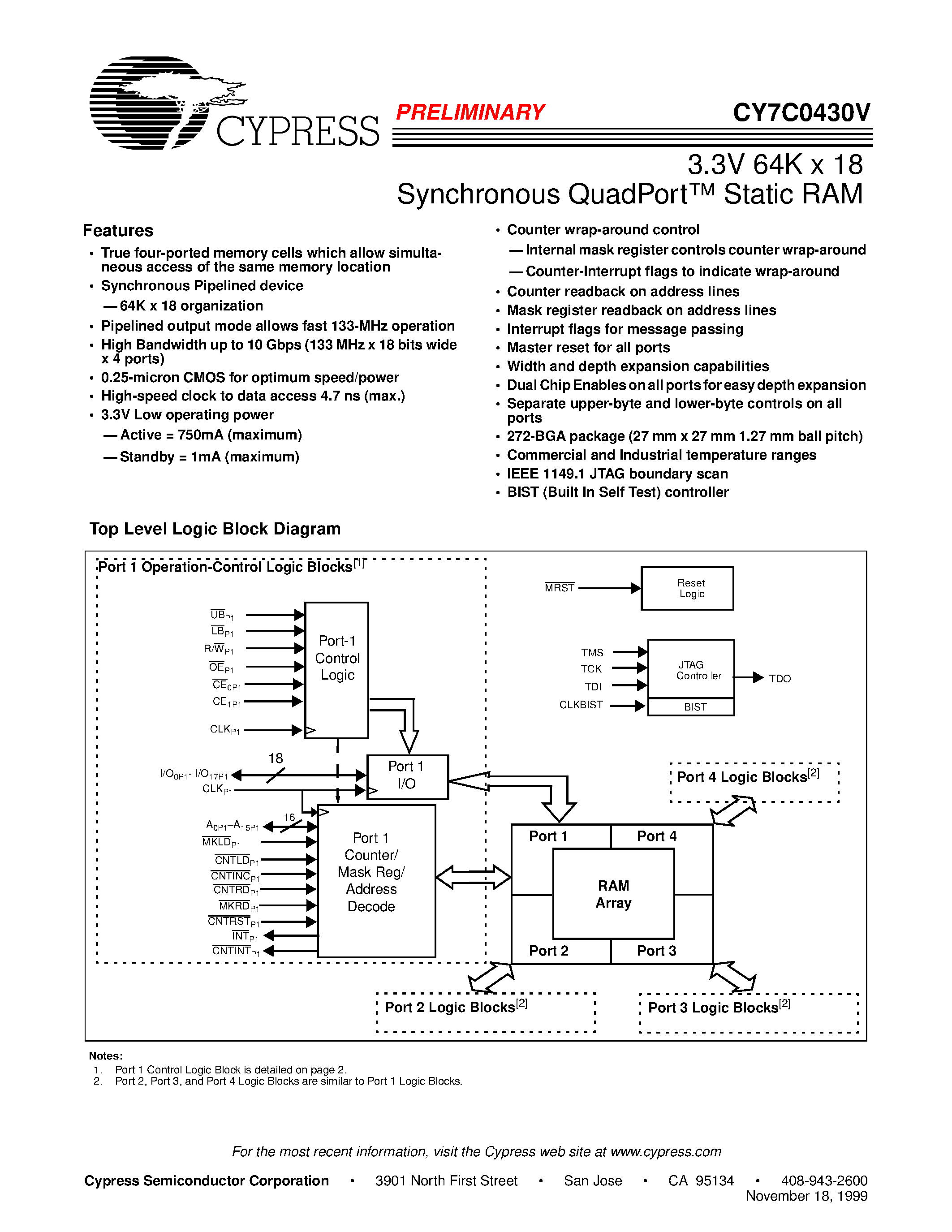 Datasheet CY7C0430V-100BGC page 1 Datasheet CY7C0430V-100BGC - 3.3V 64K x 18 Synchronous QuadPort Static RAM page 1
