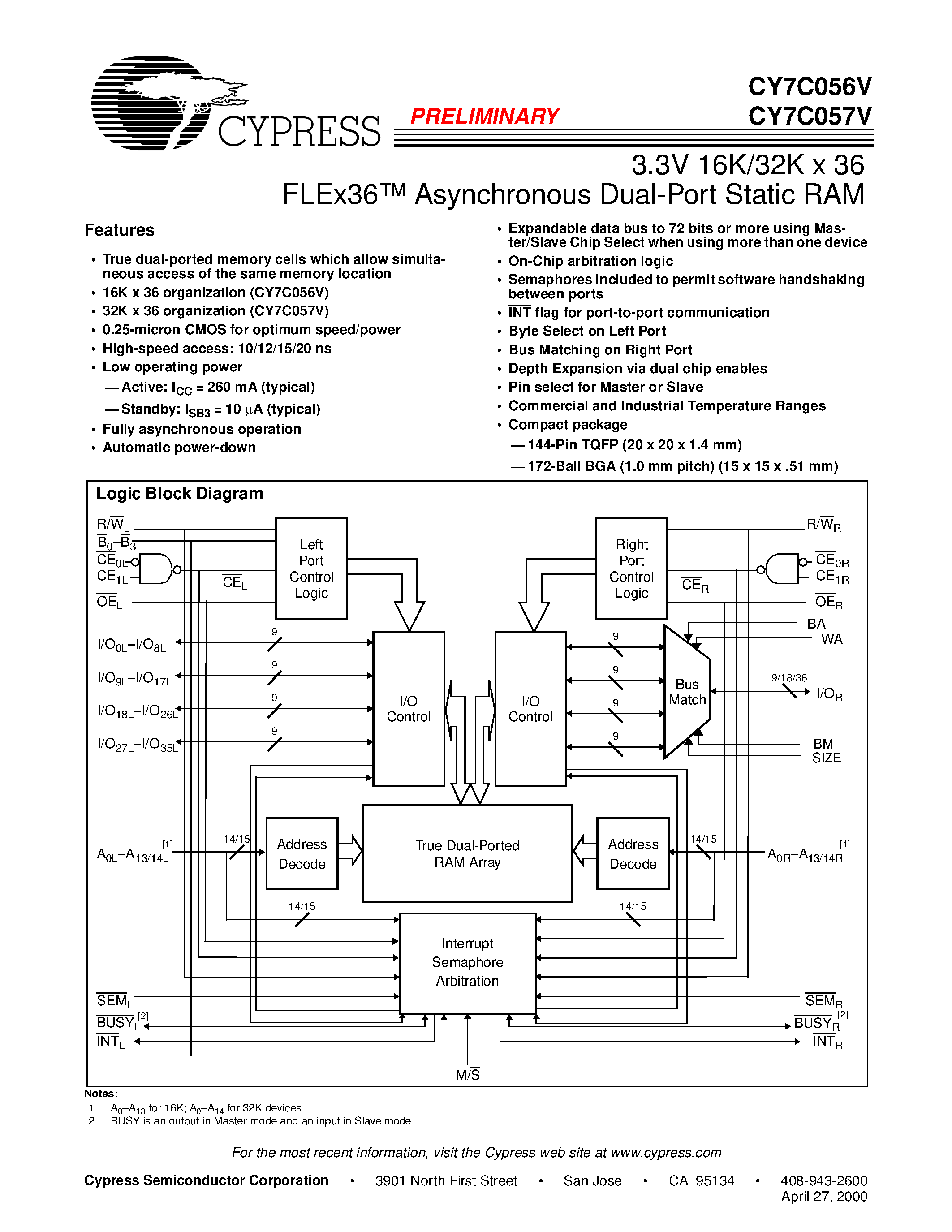 Datasheet CY7C056V-20BAC page 1 Datasheet CY7C056V-20BAC - 3.3V 16K/32K x 36 FLEx36 Asynchronous Dual-Port Static RAM page 1