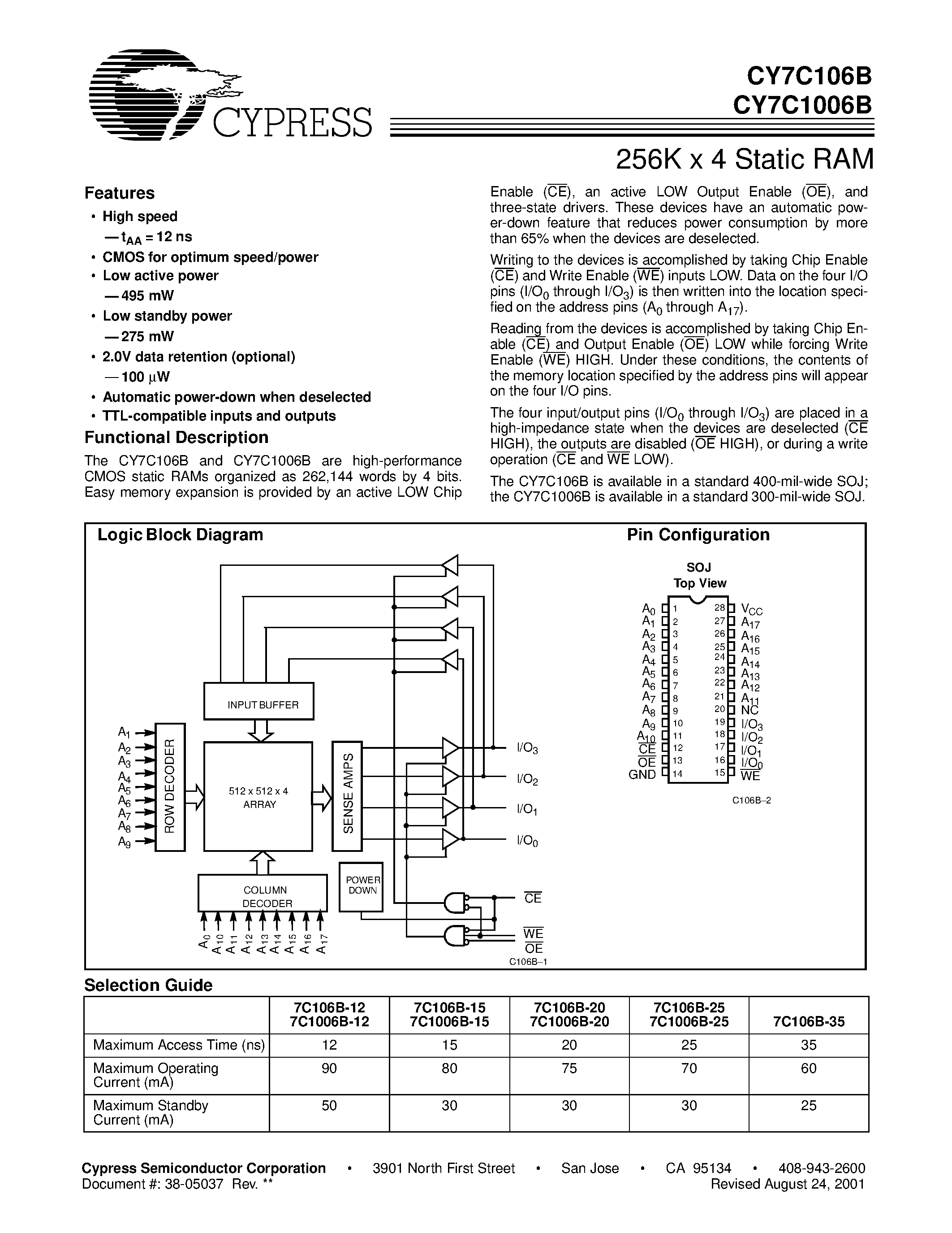Datasheet CY7C1006B-25VC - 256K x 4 Static RAM page 1