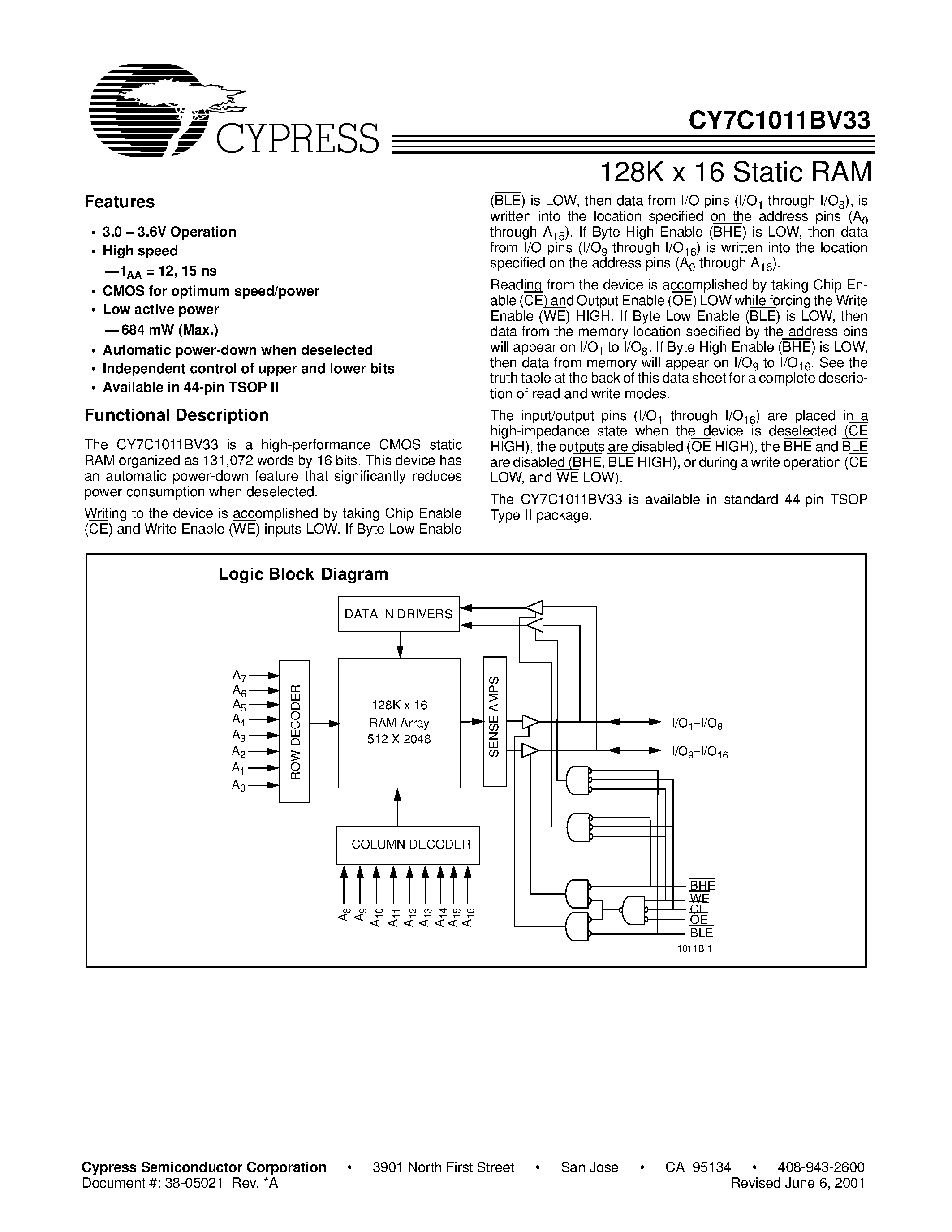 Даташит на микросхему CY7C1011BV33-15ZI страница 1 Даташит CY7C1011BV33-15ZI - 128K x 16 Static RAM страница 1