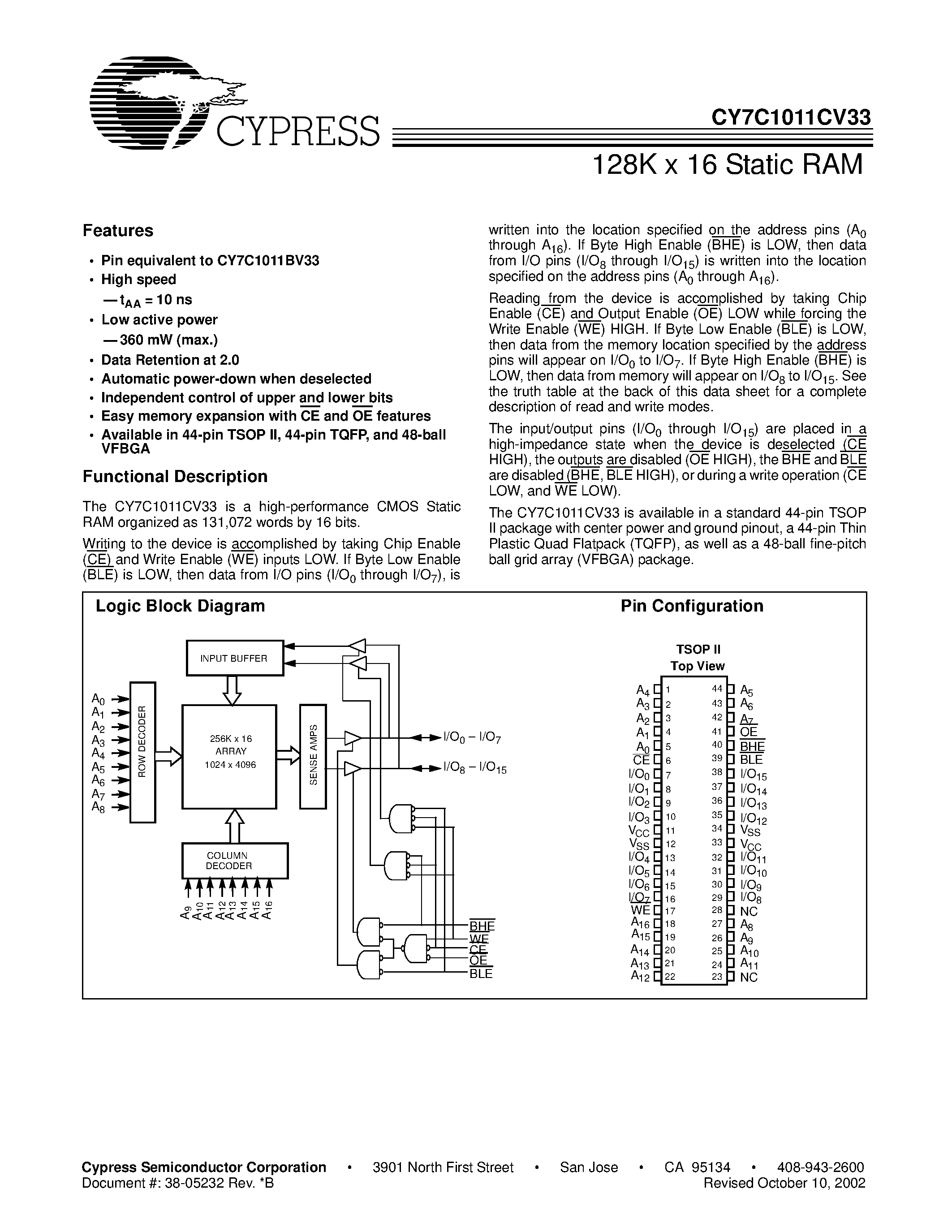 Даташит на микросхему CY7C1011CV33-15AI страница 1 Даташит CY7C1011CV33-15AI - 128K x 16 Static RAM страница 1