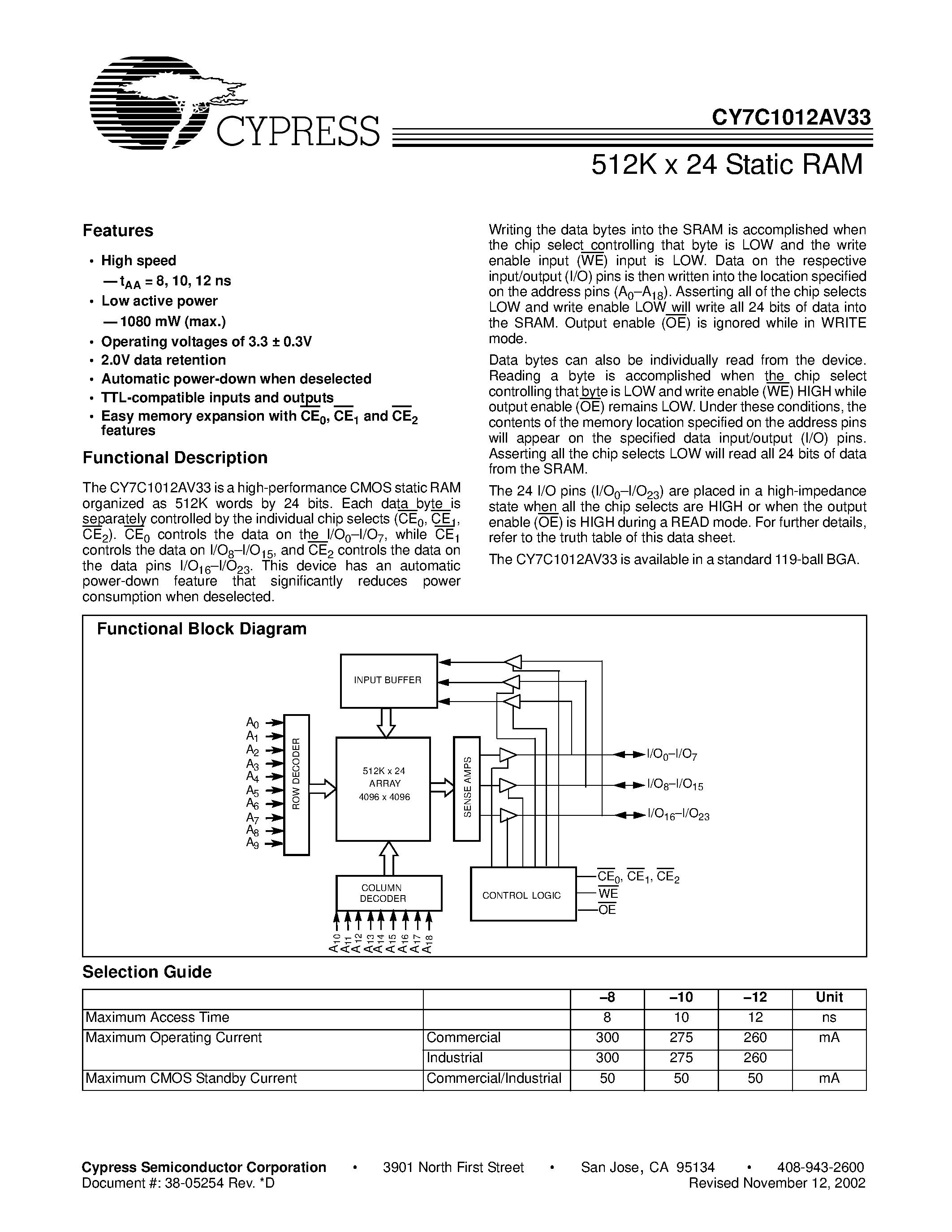 Даташит на микросхему CY7C1012AV33-12BGI страница 1 Даташит CY7C1012AV33-12BGI - 512K x 24 Static RAM страница 1