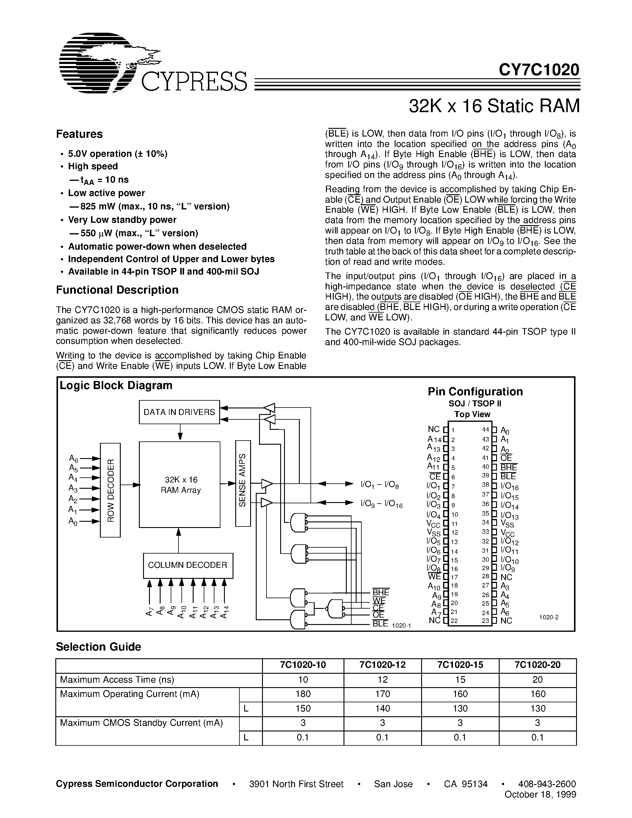 Даташит на микросхему CY7C1020-10VC страница 1 Даташит CY7C1020-10VC - 32K x 16 Static RAM страница 1