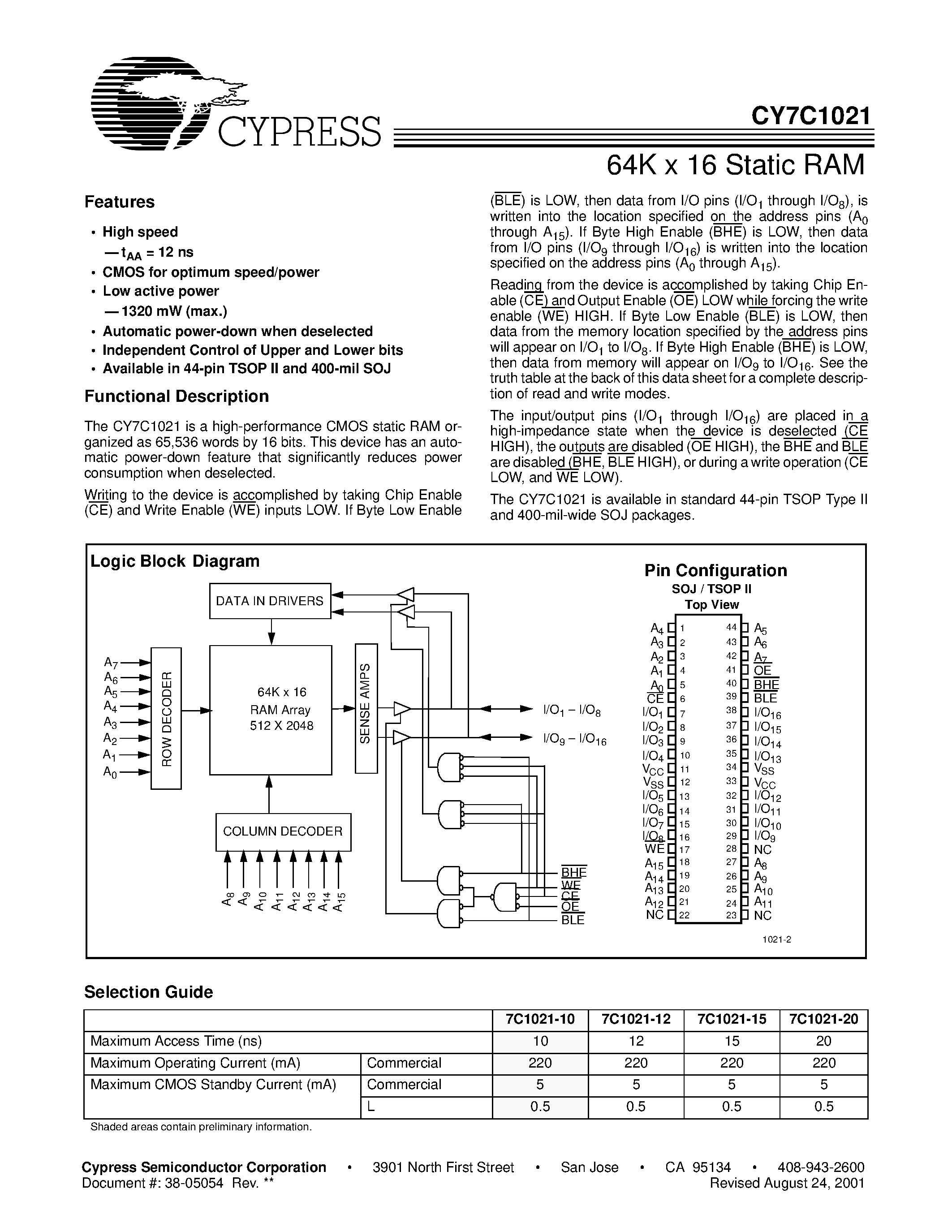 Даташит на микросхему CY7C1021-12 страница 1 Даташит CY7C1021-12 - 64K x 16 Static RAM страница 1