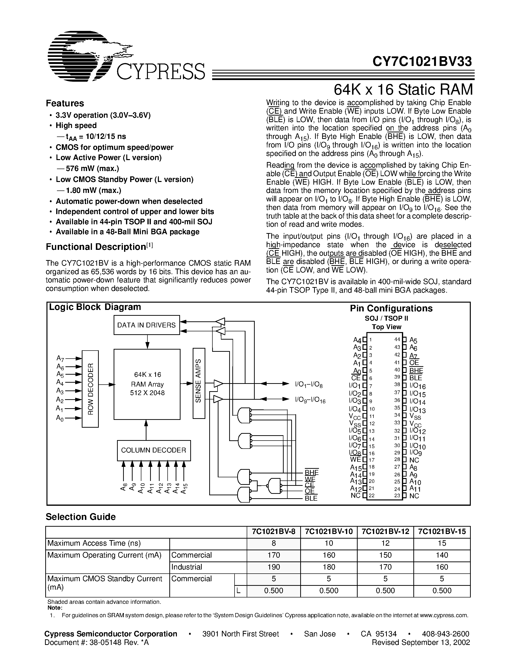 Даташит на микросхему CY7C1021BV33-12VC страница 1 Даташит CY7C1021BV33-12VC - 64K x 16 Static RAM страница 1