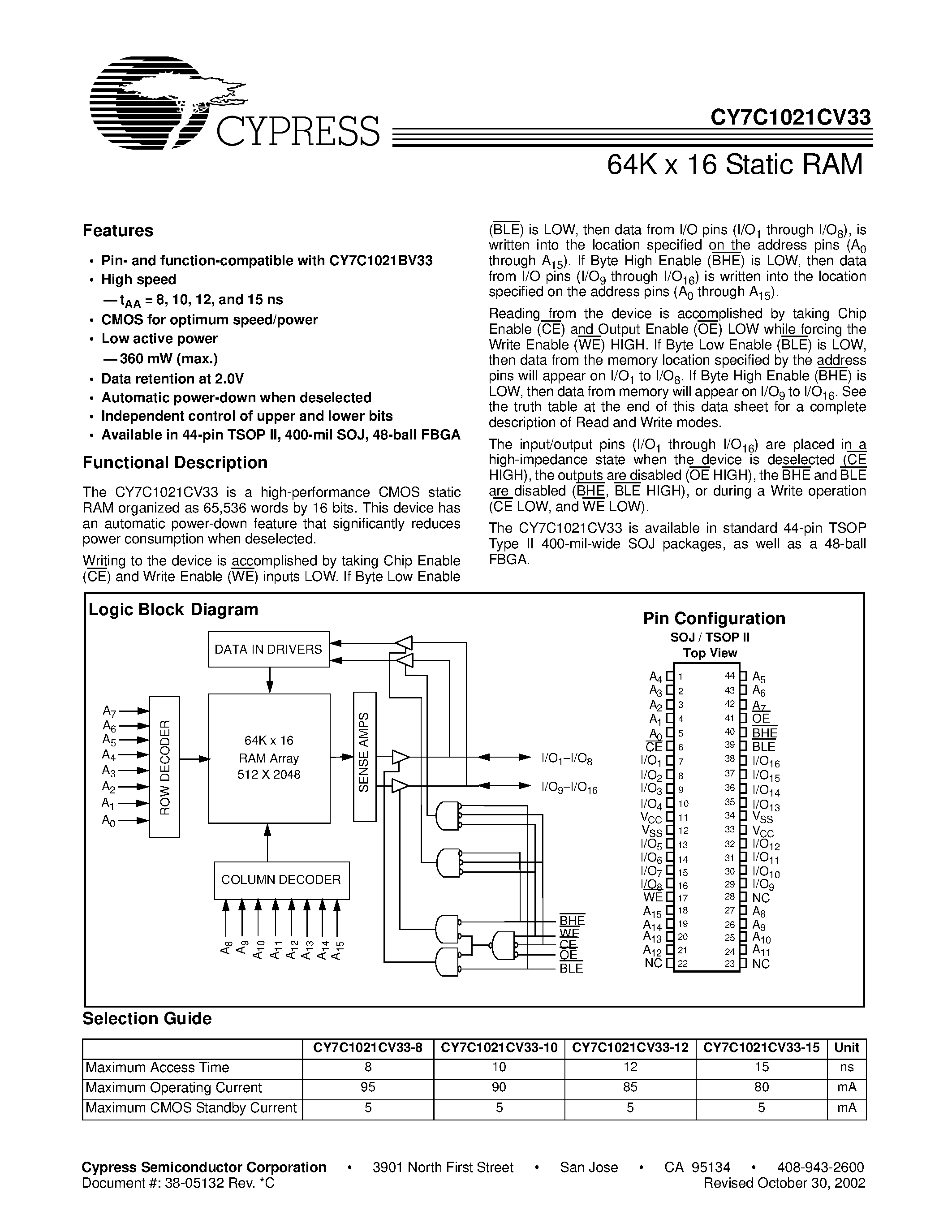 Даташит CY7C1021CV33-10ZC - 64K x 16 Static RAM страница 1