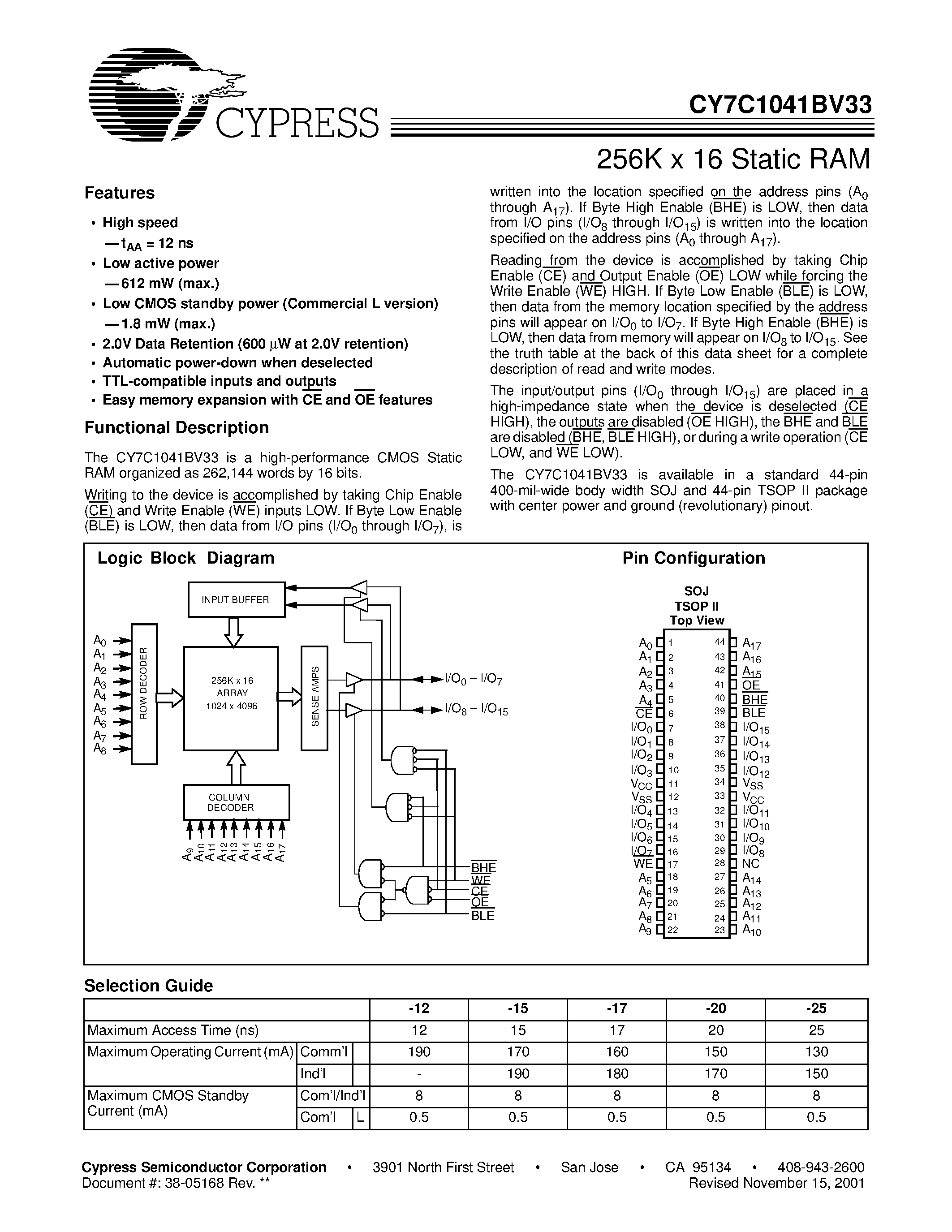 Даташит CY7C1041BV33L-12VC - 256K x 16 Static RAM страница 1