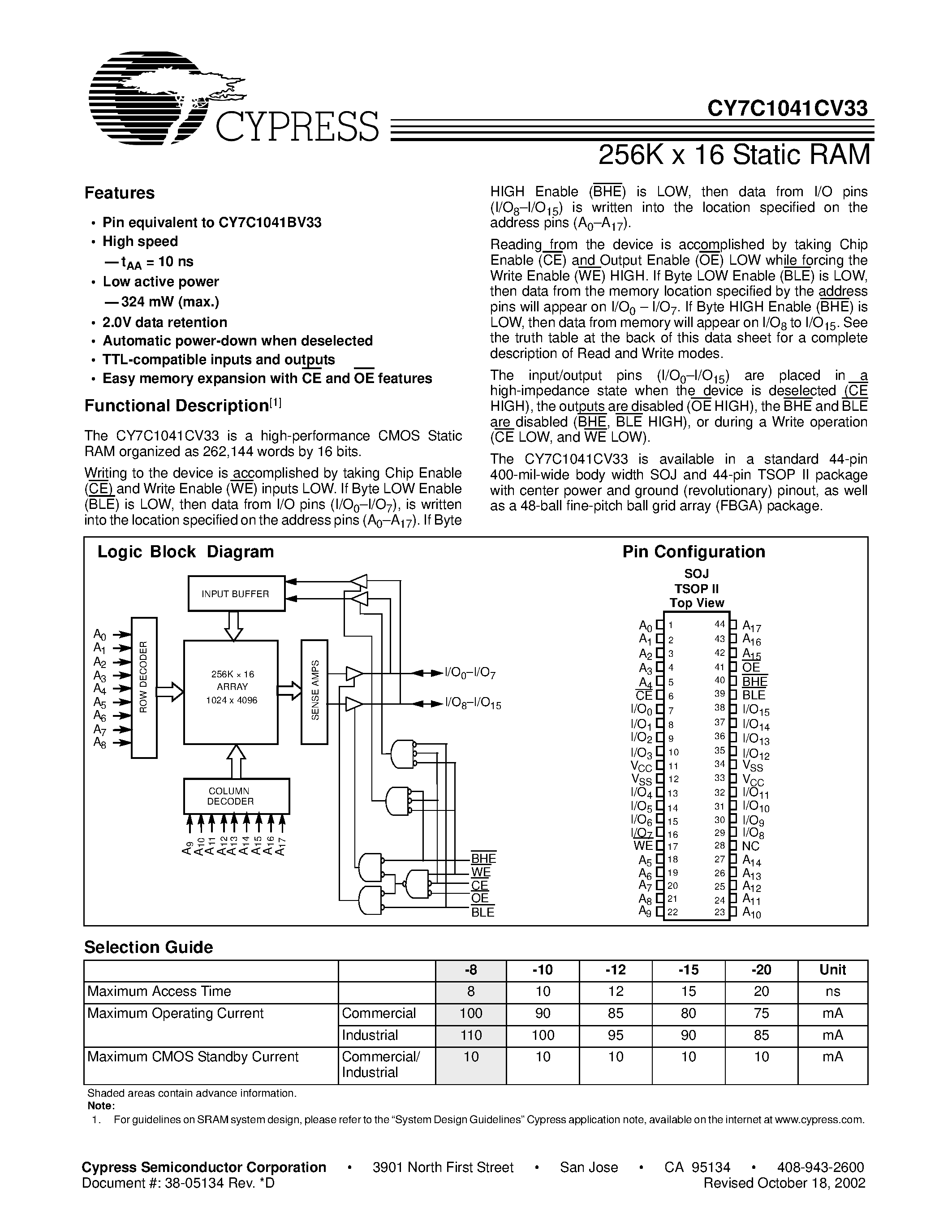 Даташит на микросхему CY7C1041CV33-15BAC страница 1 Даташит CY7C1041CV33-15BAC - 256K x 16 Static RAM страница 1