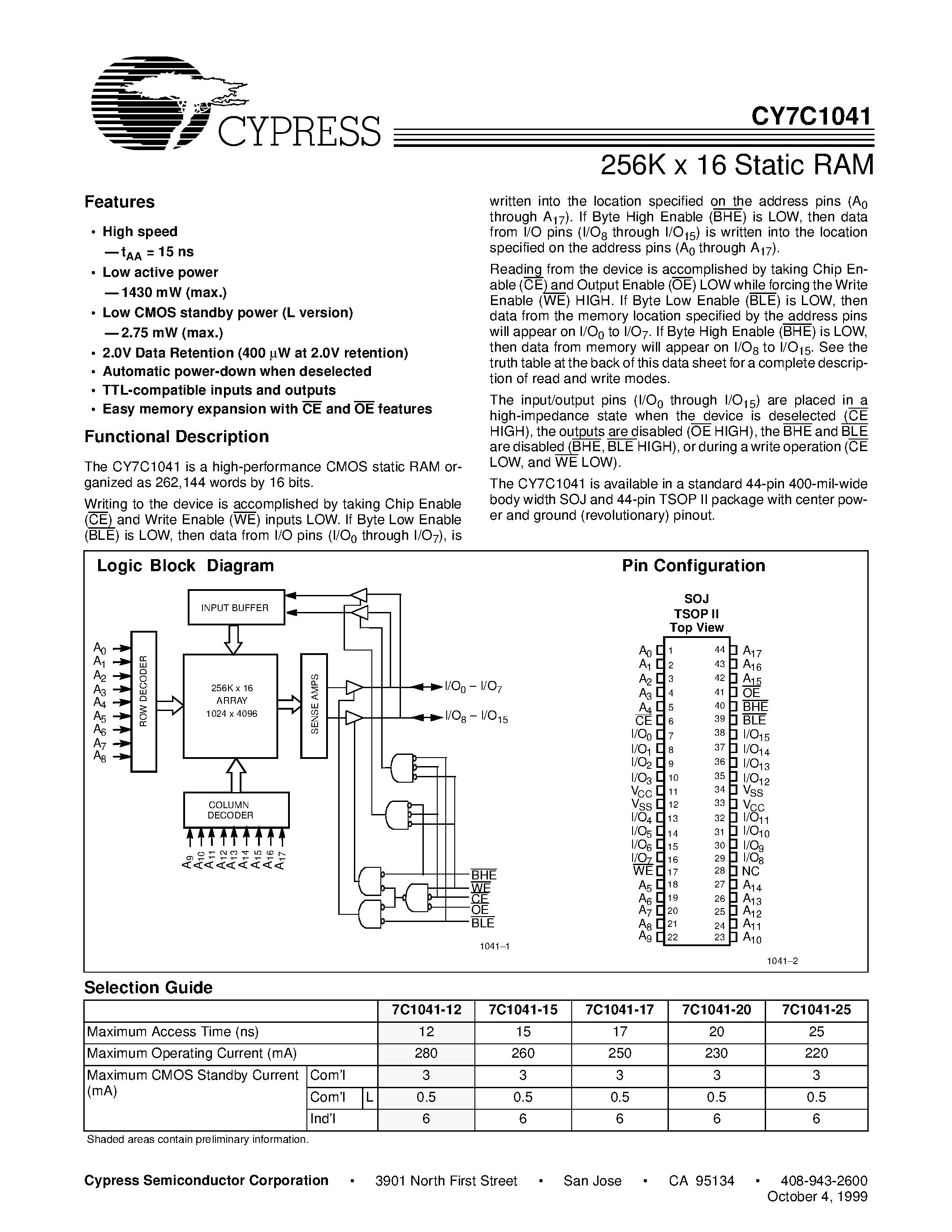 Даташит на микросхему CY7C1041L-15ZC страница 1 Даташит CY7C1041L-15ZC - 256K x 16 Static RAM страница 1
