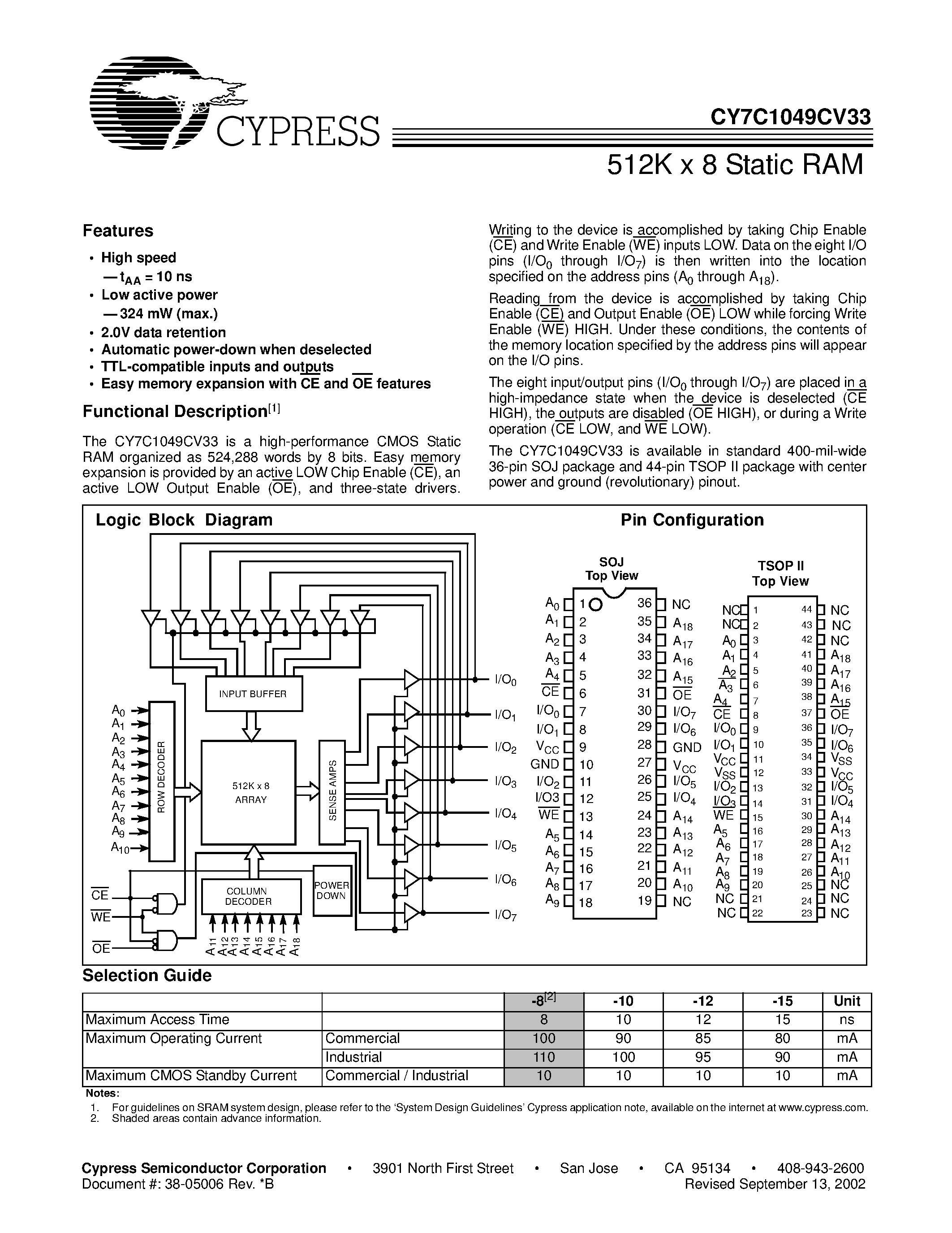 Даташит на микросхему CY7C1049CV33-12VC страница 1 Даташит CY7C1049CV33-12VC - 512K x 8 Static RAM страница 1