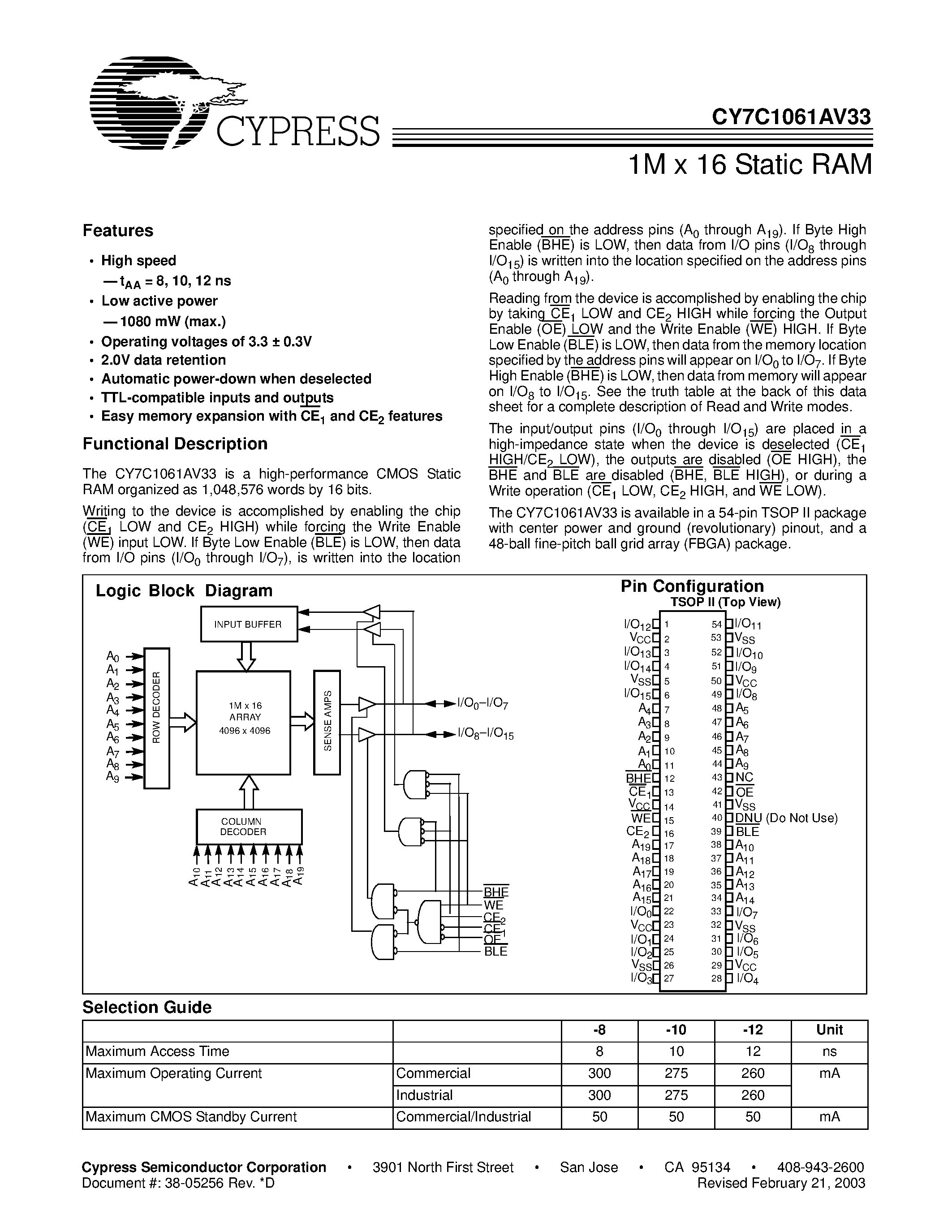 Даташит на микросхему CY7C1061AV33-12BAC страница 1 Даташит CY7C1061AV33-12BAC - 1M x 16 Static RAM страница 1