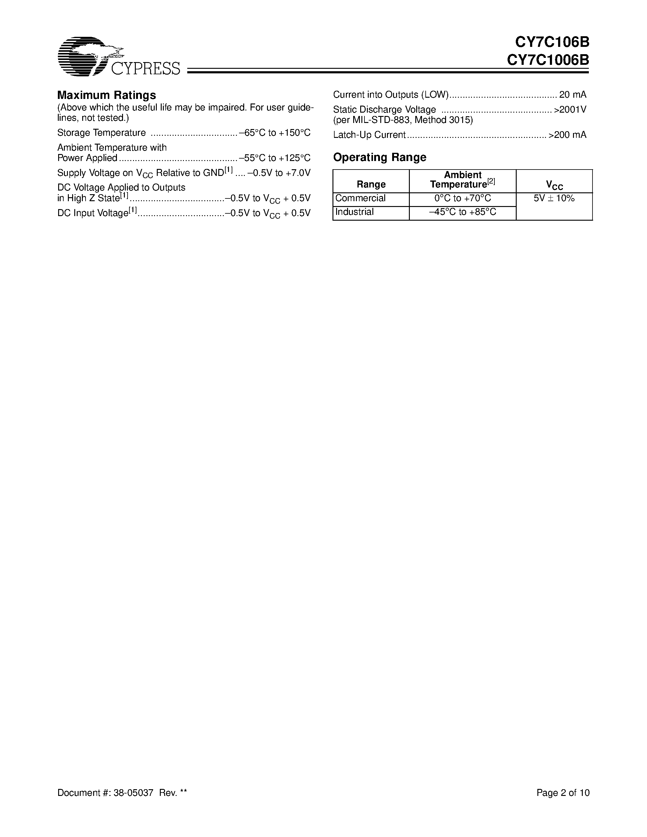 Datasheet CY7C106B-20VI page 2 Datasheet CY7C106B-20VI - 256K x 4 Static RAM page 2