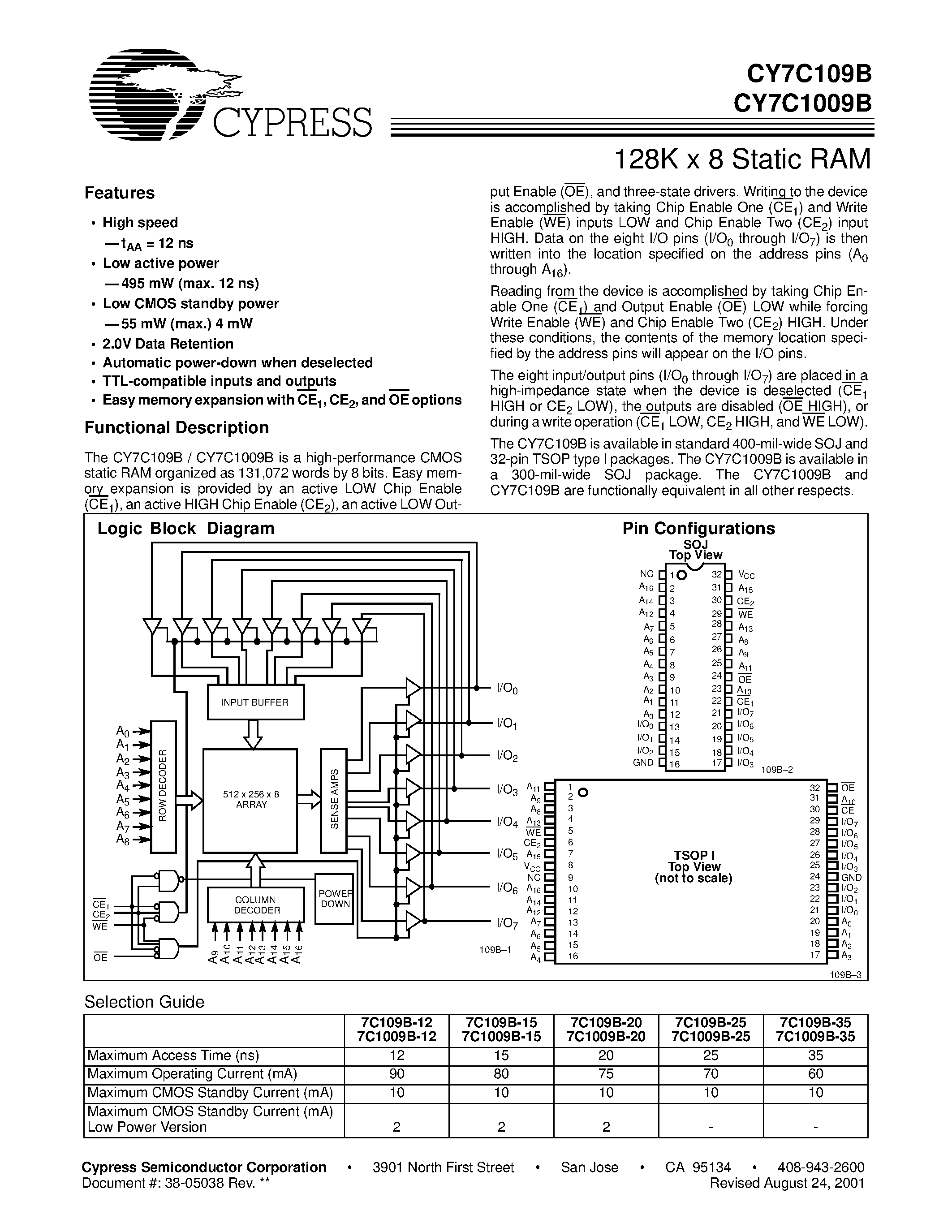 Даташит на микросхему CY7C109B-35VC страница 1 Даташит CY7C109B-35VC - 128K x 8 Static RAM страница 1