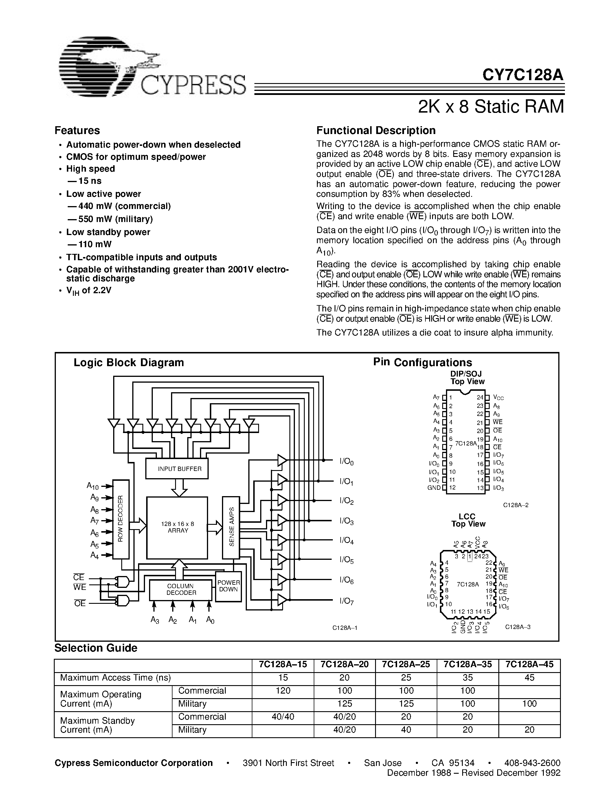 Даташит на микросхему CY7C128A-45DMB страница 1 Даташит CY7C128A-45DMB - 2K x 8 Static RAM страница 1