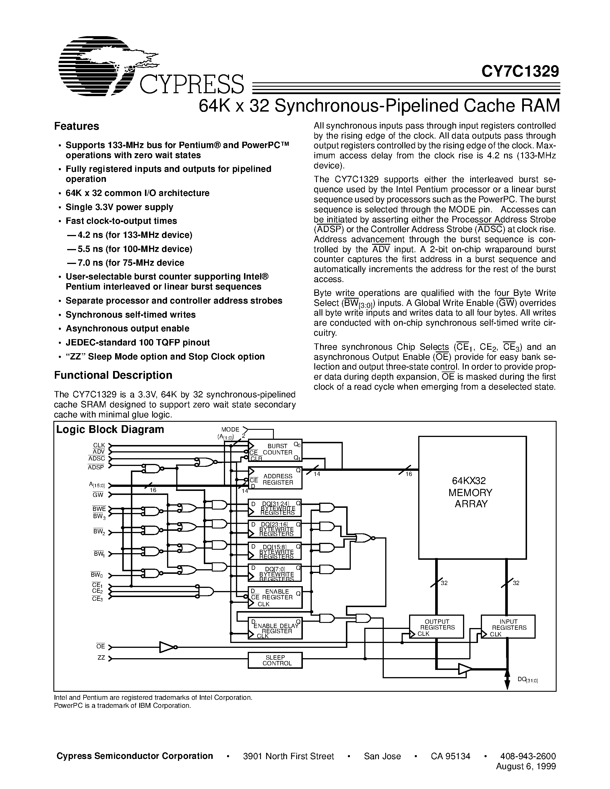 Даташит CY7C1329-75AC - 64K x 32 Synchronous-Pipelined Cache RAM страница 1