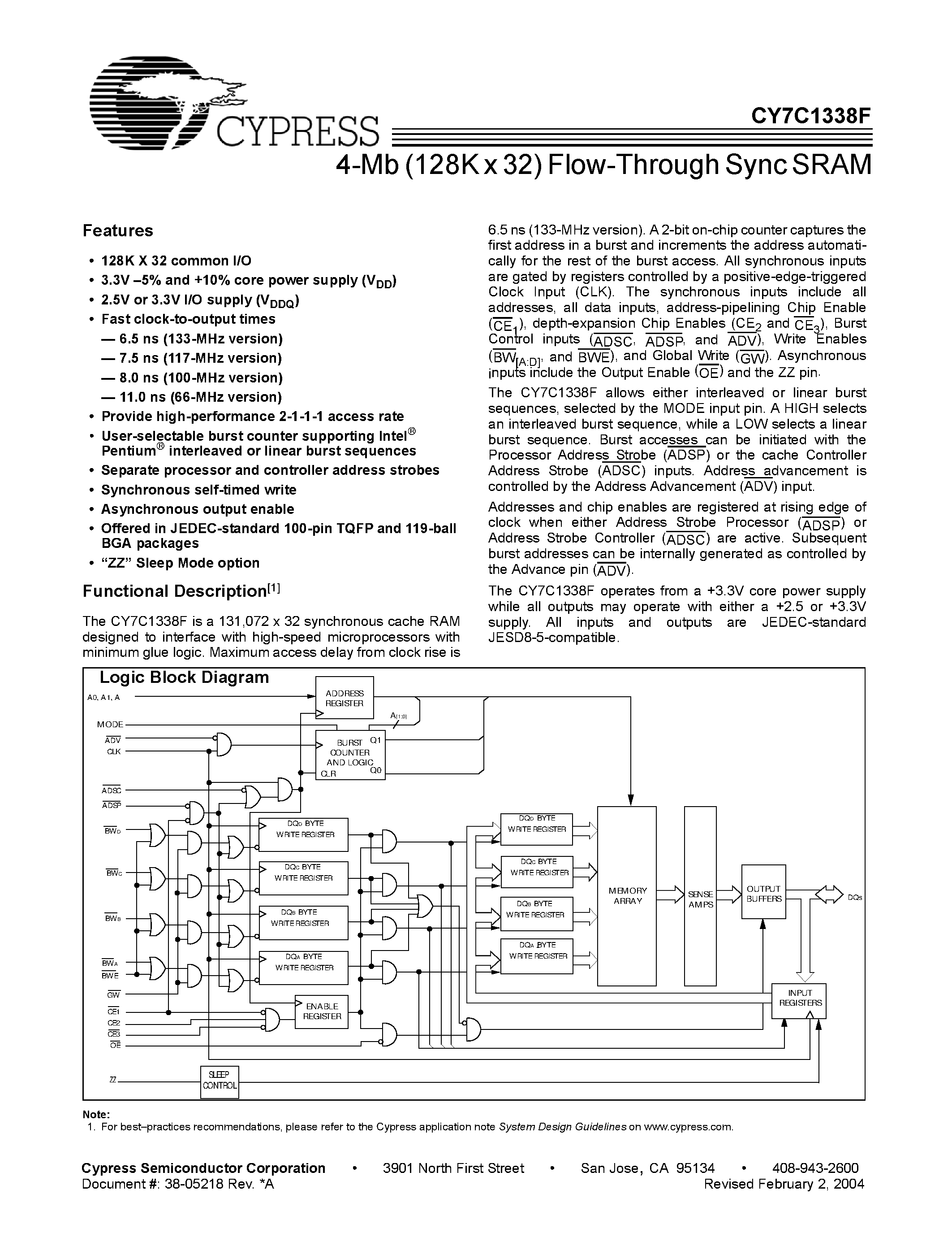 Datasheet CY7C1338F-133BGC - 4-Mb (128K x 32) Flow-Through Sync SRAM page 1