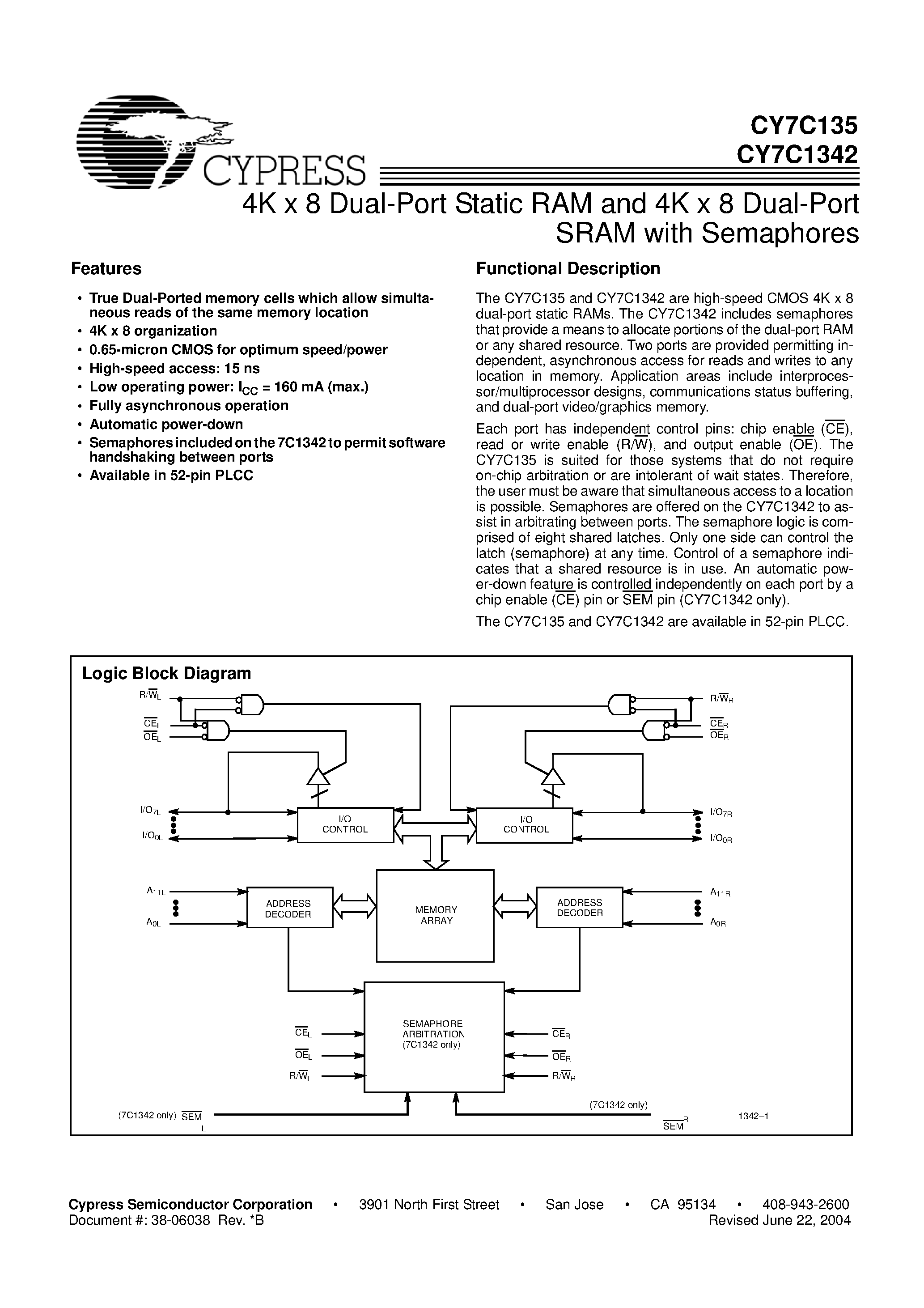 Datasheet CY7C1342-25JC - 4K x 8 Dual-Port Static RAM and 4K x 8 Dual-Port SRAM with Semaphores page 1