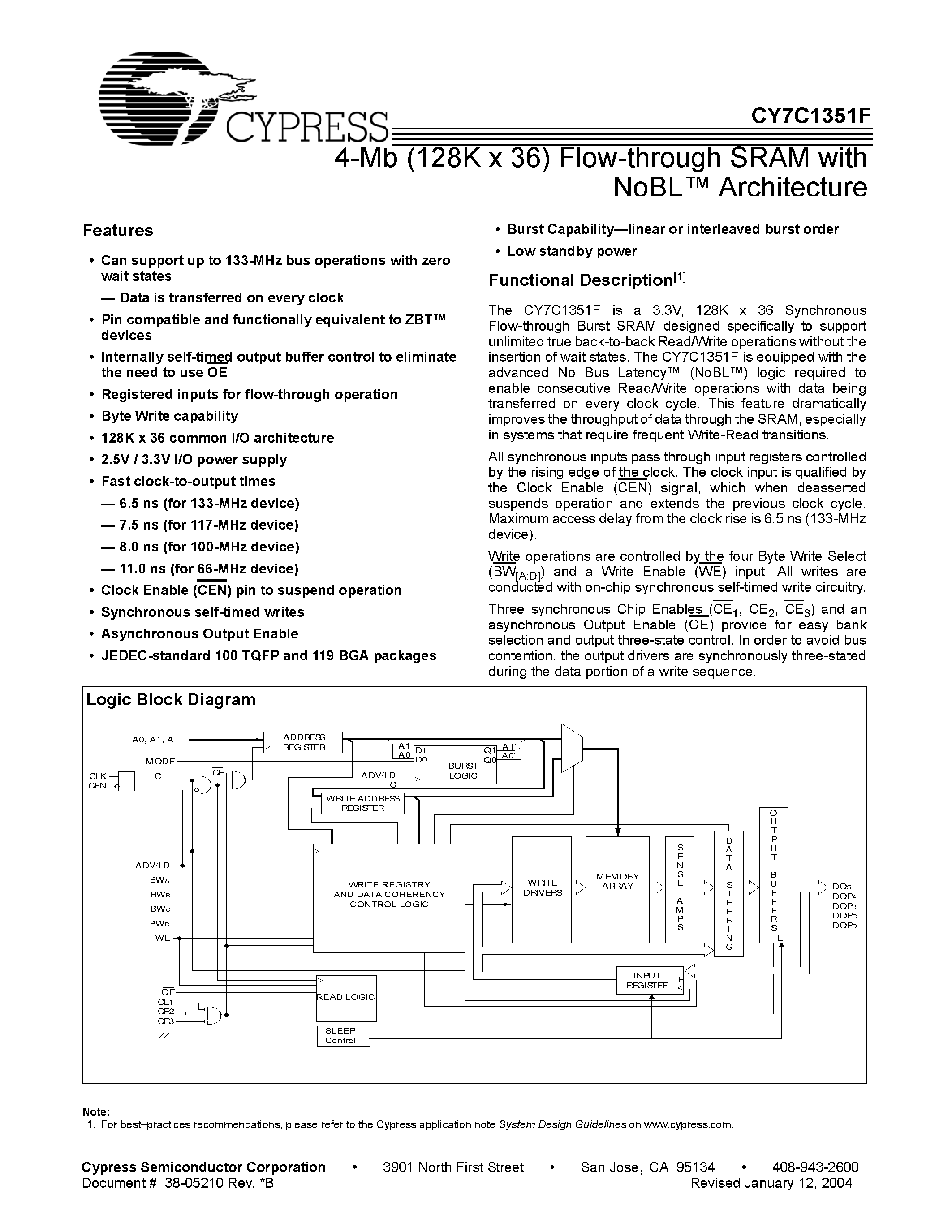 Datasheet CY7C1351F-117AI - 4-Mb (128K x 36) Flow-through SRAM with NoBL Architecture page 1