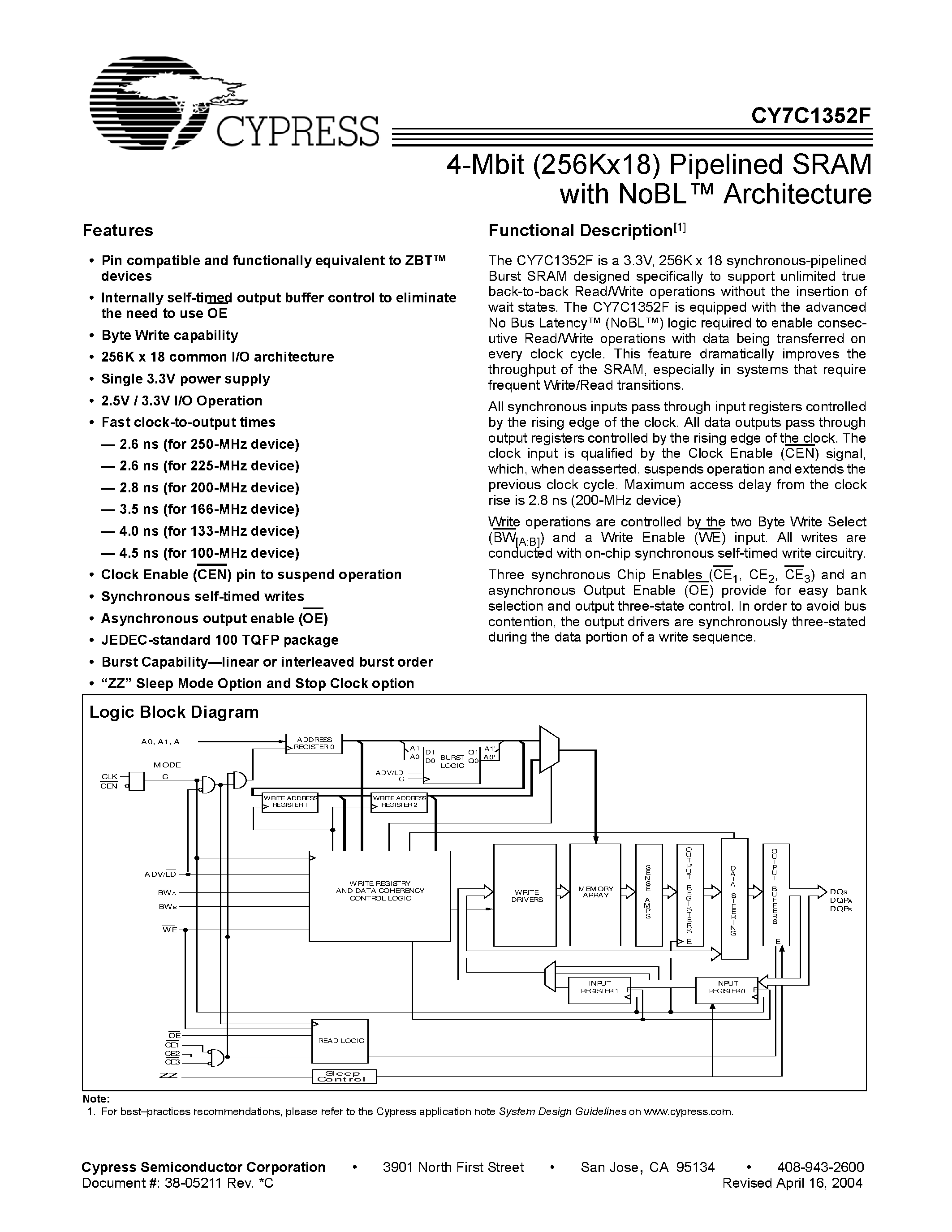 Datasheet CY7C1352F-225AC - 4-Mbit (256Kx18) Pipelined SRAM with NoBL Architecture page 1