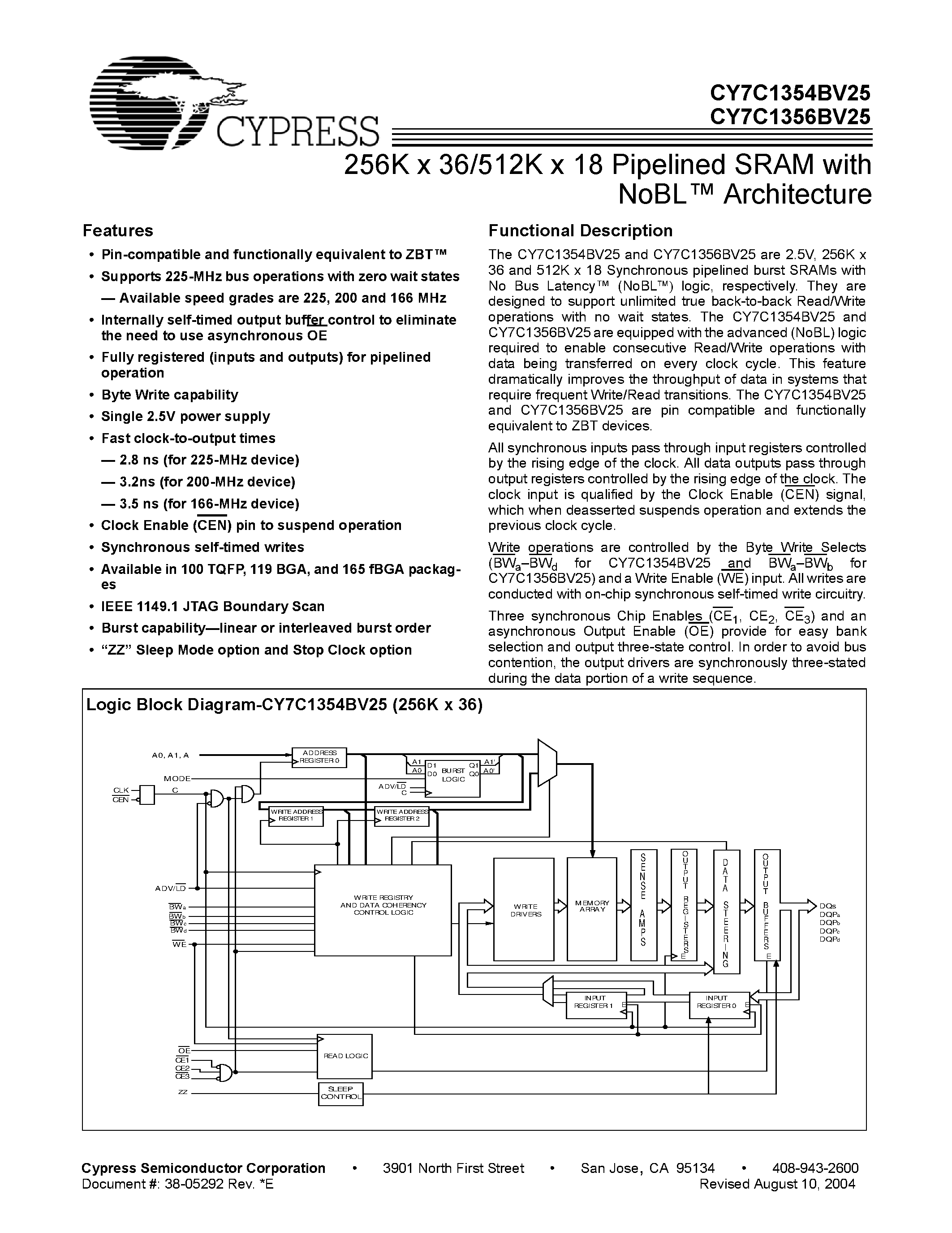Datasheet CY7C1354BV25 - 256K x 36/512K x 18 Pipelined SRAM with NoBL Architecture page 1