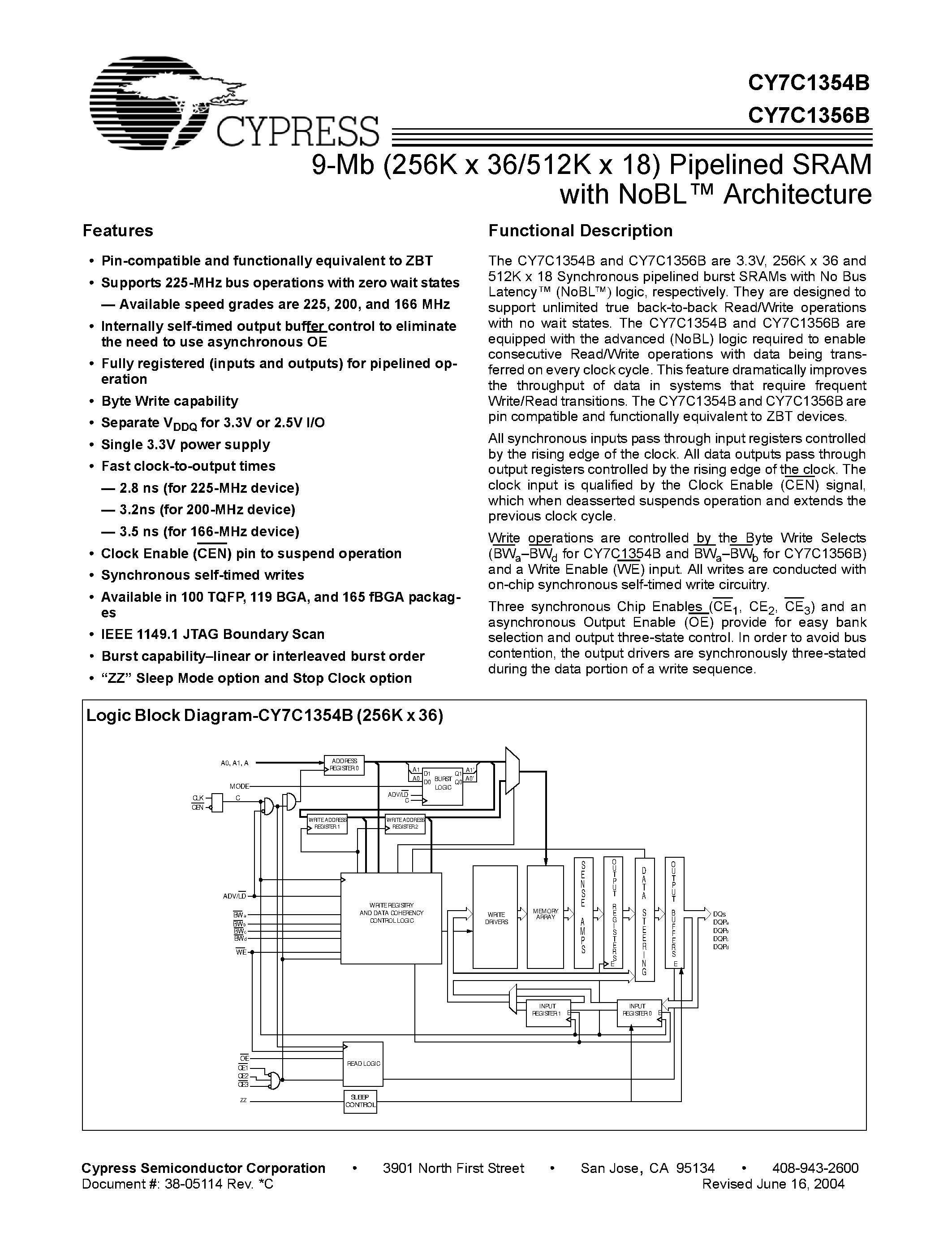 Даташит CY7C1356B-225BZC - 9-Mb (256K x 36/512K x 18) Pipelined SRAM with NoBL Architecture страница 1