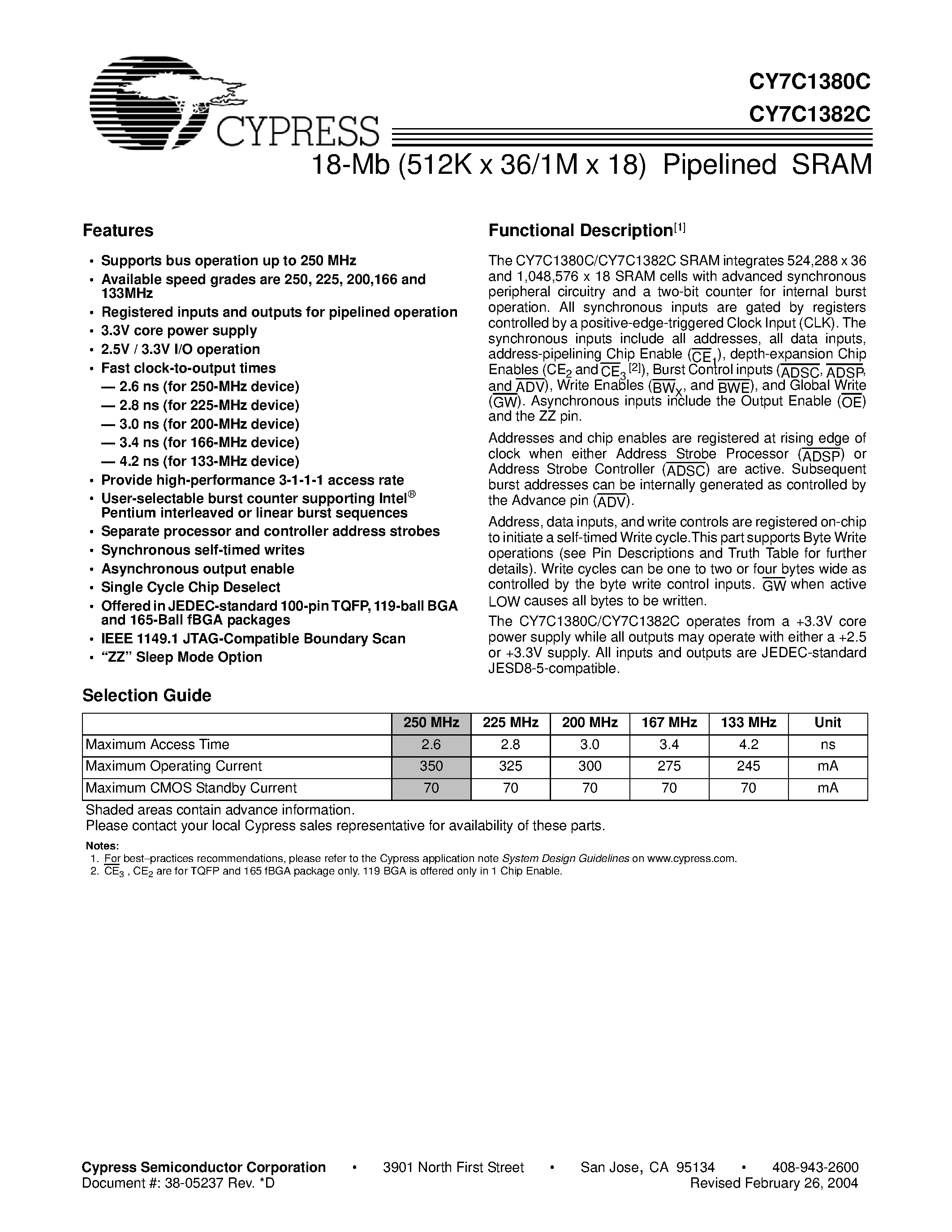 Datasheet CY7C1380C-250BGC - 18-Mb (512K x 36/1M x 18) Pipelined SRAM page 1