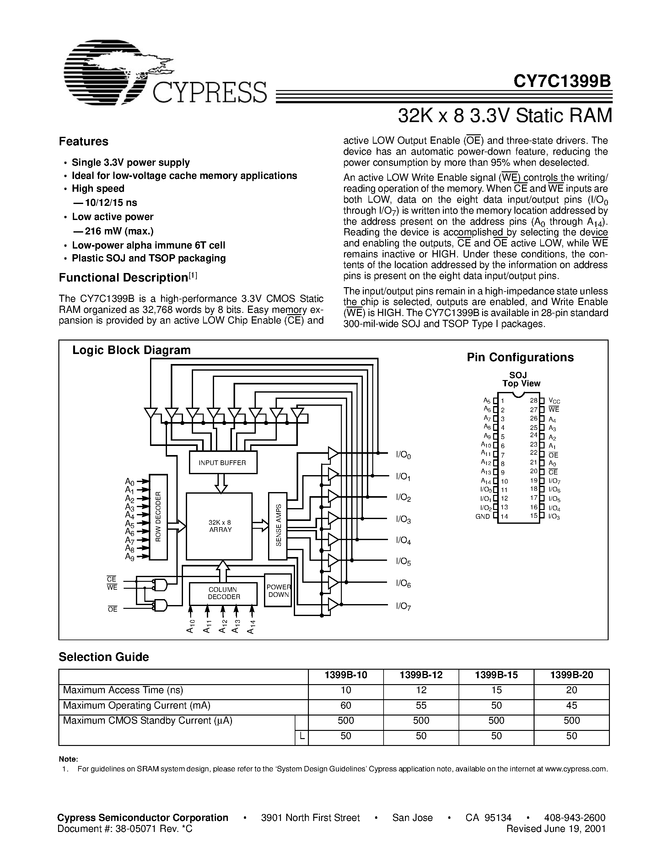 Datasheet CY7C1399B-10VC page 1 Datasheet CY7C1399B-10VC - 32K x 8 3.3V Static RAM page 1