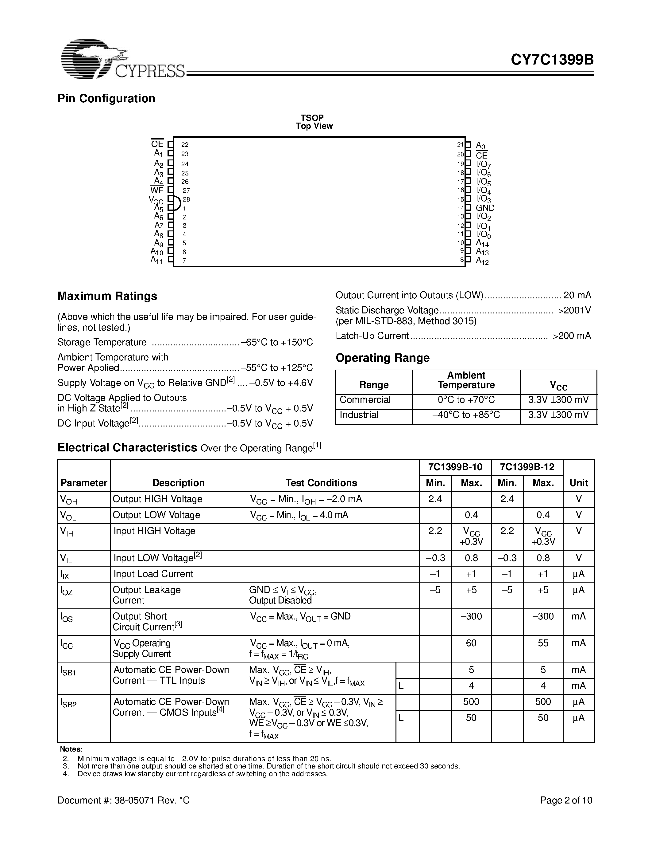 Datasheet CY7C1399B-15VI page 2 Datasheet CY7C1399B-15VI - 32K x 8 3.3V Static RAM page 2