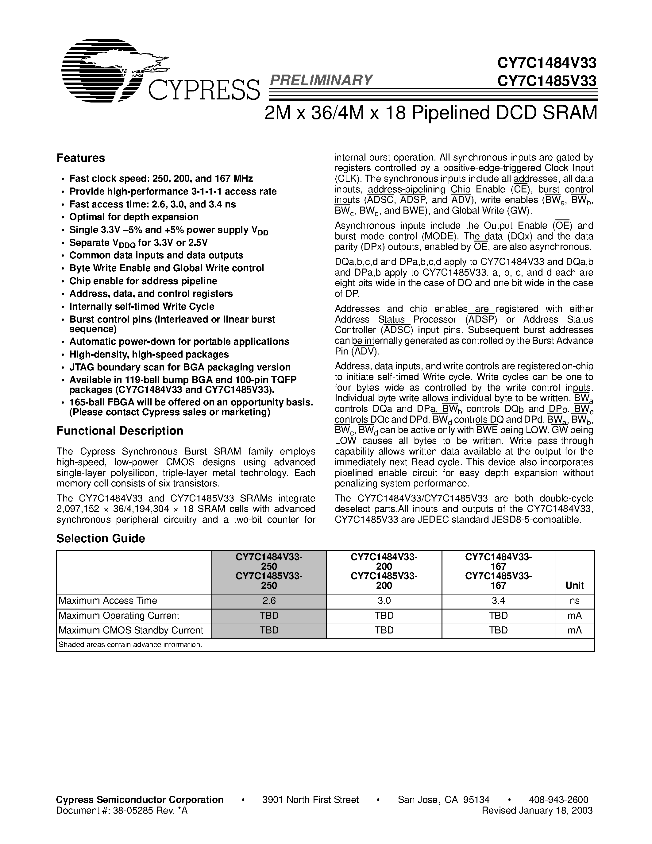 Datasheet CY7C1484V33-167BZC - 2M x 36/4M x 18 Pipelined DCD SRAM page 1