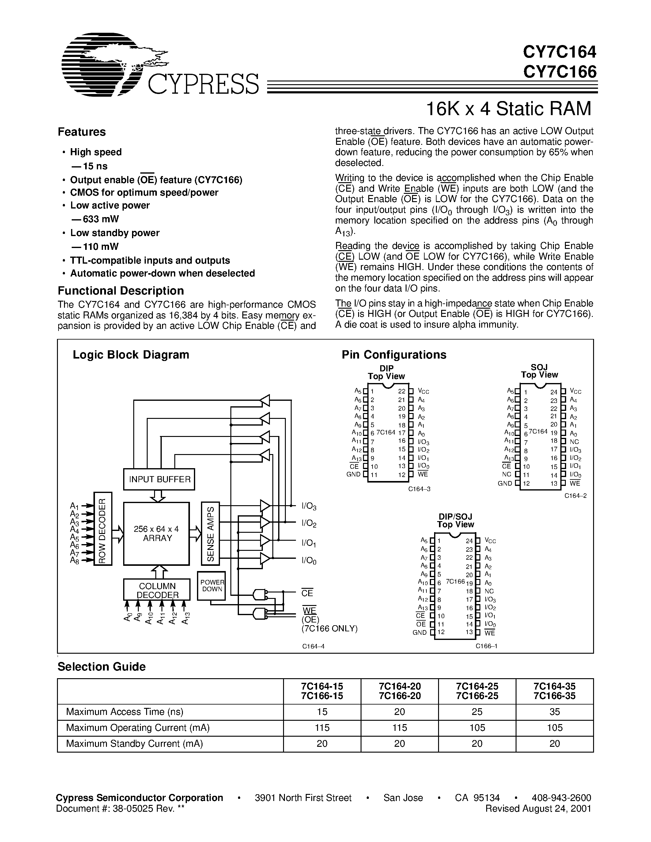 Datasheet CY7C166 page 1 Datasheet CY7C166 - 16K x 4 Static RAM page 1