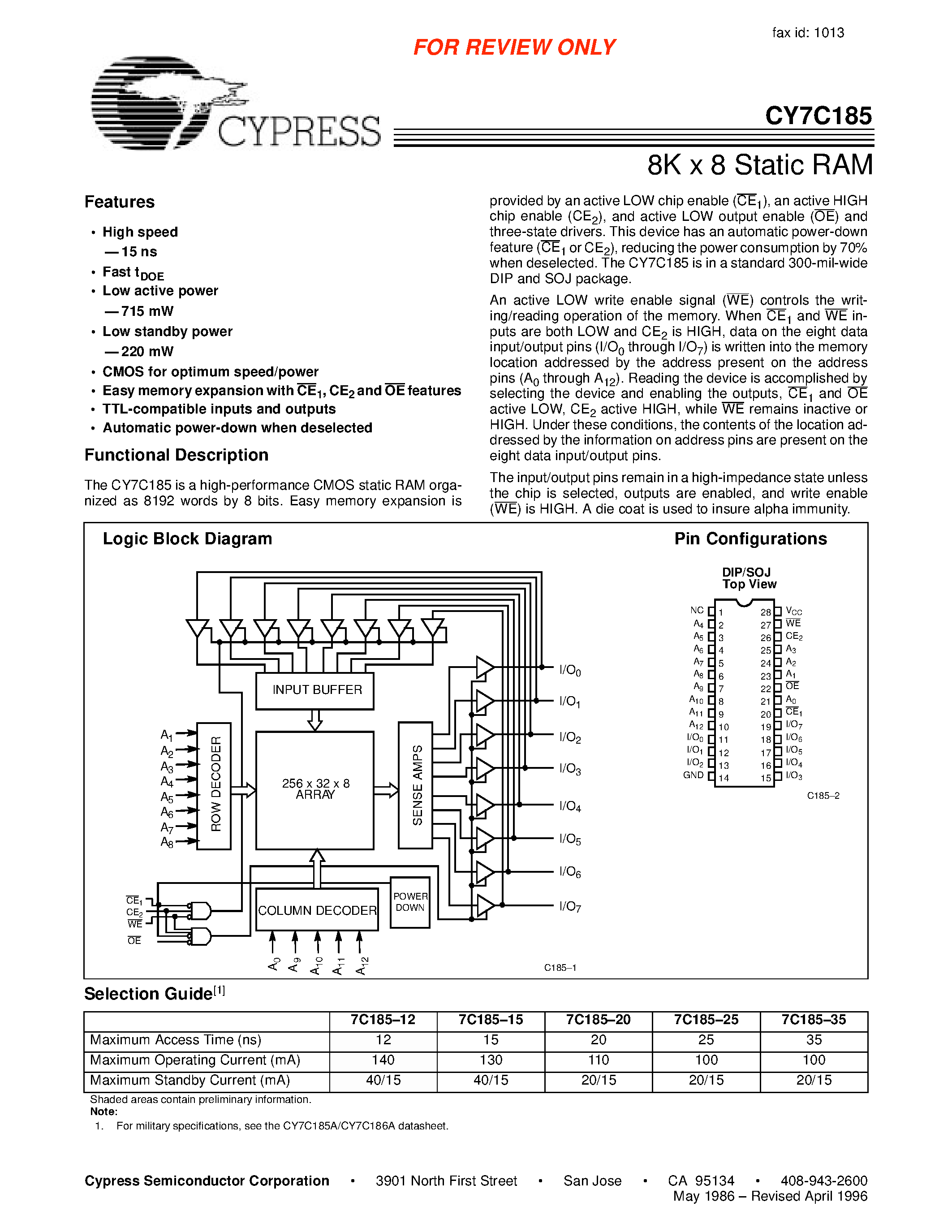 Даташит на микросхему CY7C185-20VC страница 1 Даташит CY7C185-20VC - 8K x 8 Static RAM страница 1