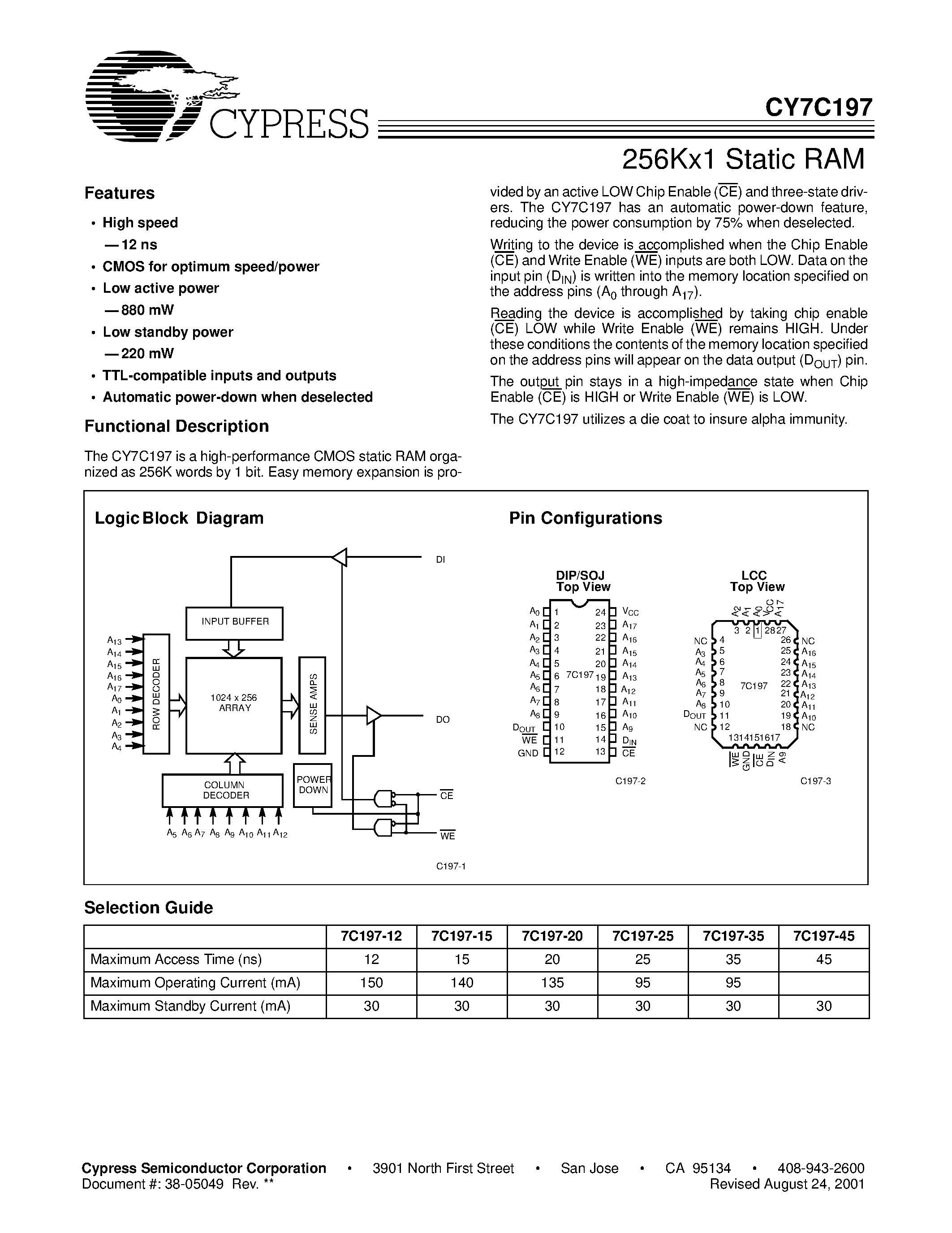 Даташит на микросхему CY7C197-45PC страница 1 Даташит CY7C197-45PC - 256Kx1 Static RAM страница 1