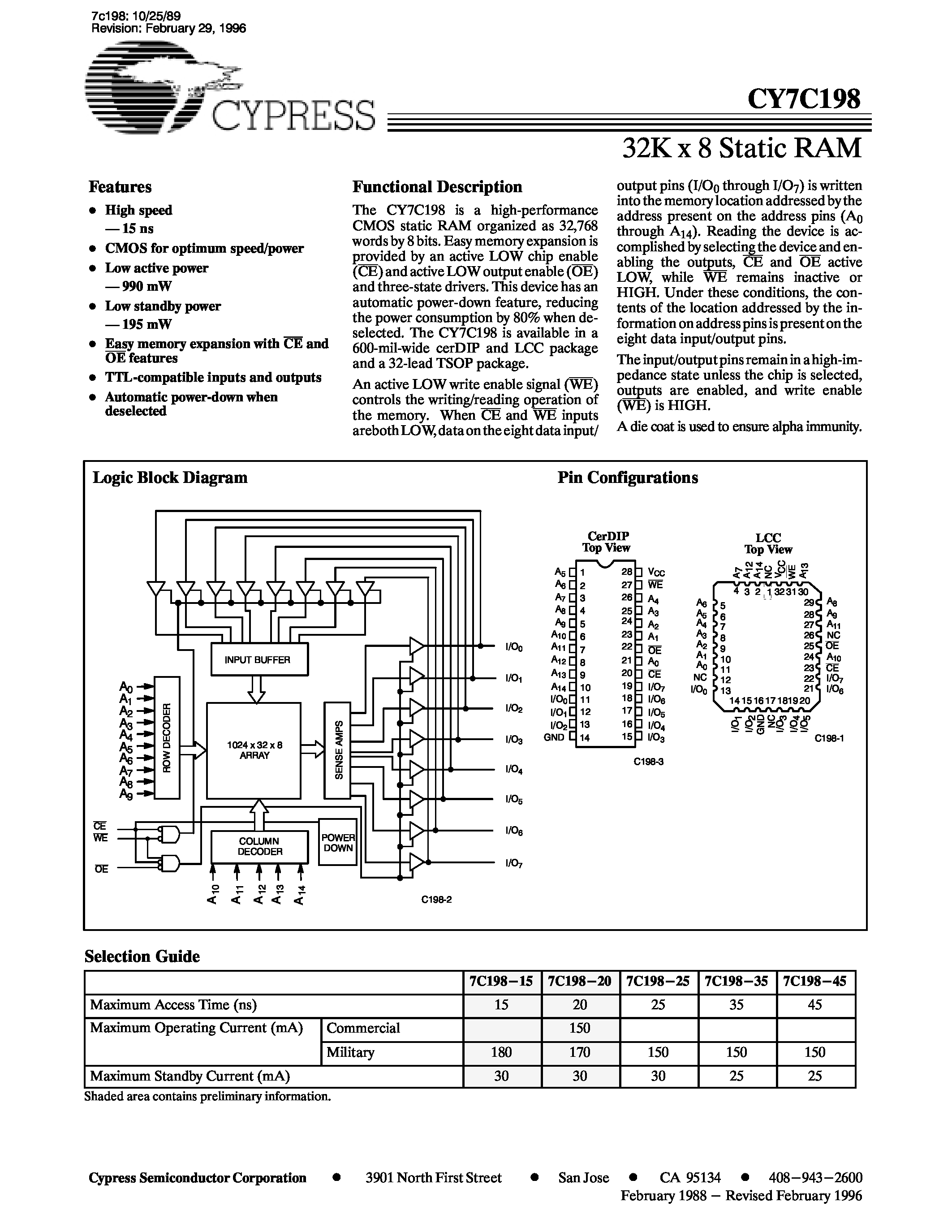 Даташит на микросхему CY7C198-20 страница 1 Даташит CY7C198-20 - 32K x 8 Static RAM страница 1